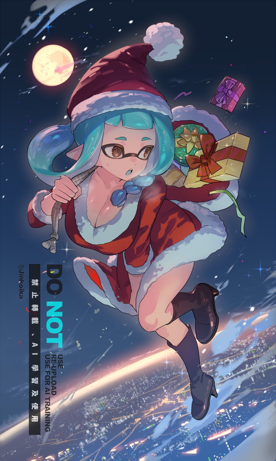 jinkoika, inkling girl, inkling player character, nintendo, splatoon (series), commentary, highres, symbol-only commentary, 1girl, :o, black boots, blue hair, blue tongue, boots, box, braid, breasts, brown eyes, christmas, cleavage, colored tongue, dress, flying, full moon, fur-trimmed dress, fur-trimmed headwear, fur trim, gift, gift box, hat, holding, holding sack, inkling, knee boots, large breasts, long hair, midair, moon, night, open mouth, outdoors, pointy ears, red dress, red hat, sack, santa costume, santa dress, santa hat, single braid, skirt, skirt tug, solo, tentacle hair, very long hair