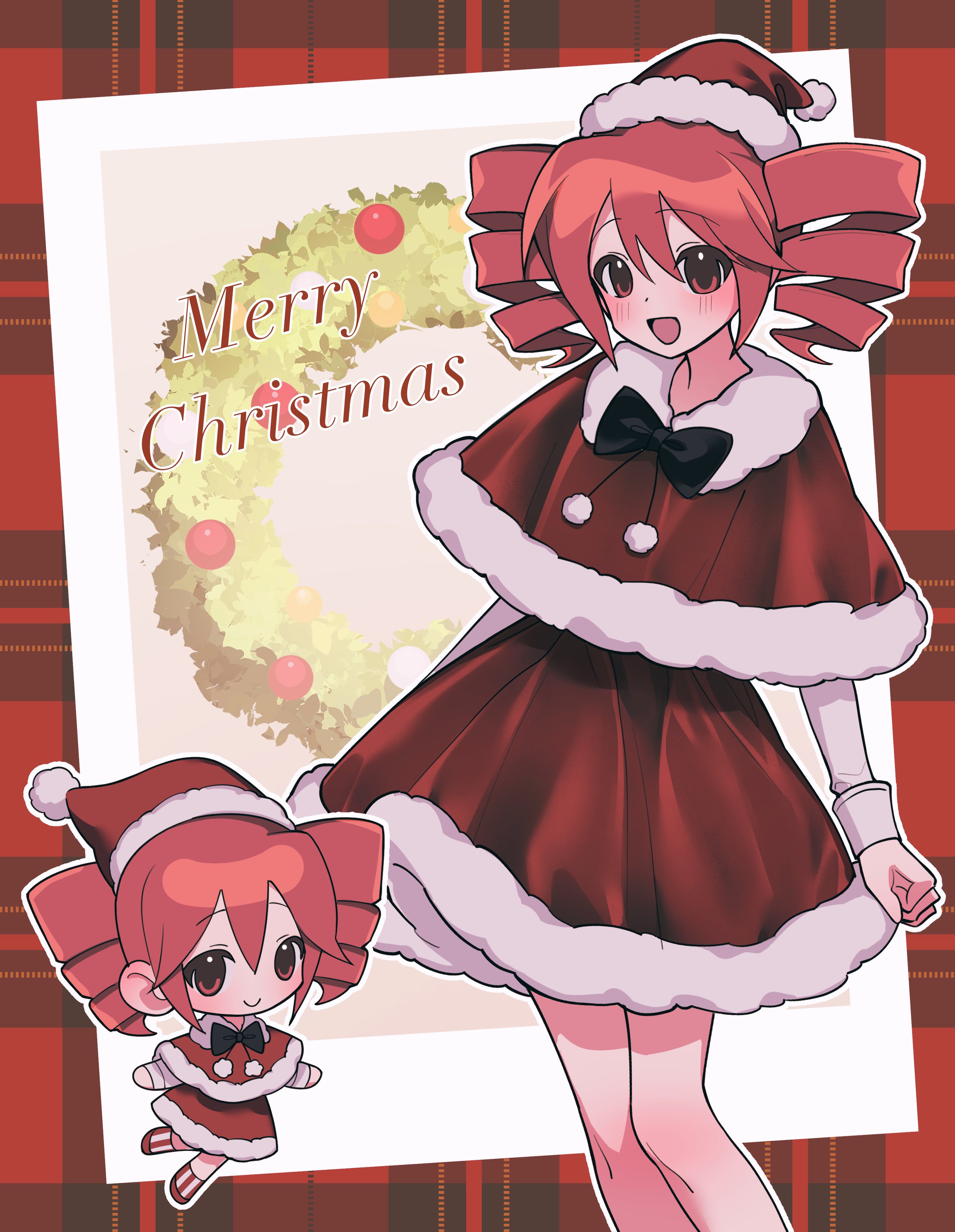 tomya, kasane teto, utau, absurdres, commentary, english commentary, highres, 1girl, :d, black bow, blush, bow, capelet, chibi, christmas, drill hair, fur-trimmed capelet, fur-trimmed headwear, fur-trimmed skirt, fur trim, hair between eyes, hat, looking at viewer, merry christmas, open mouth, outline, pom pom (clothes), red capelet, red eyes, red hair, red hat, red skirt, santa hat, shirt, skirt, smile, twin drills, white outline, white shirt, wreath