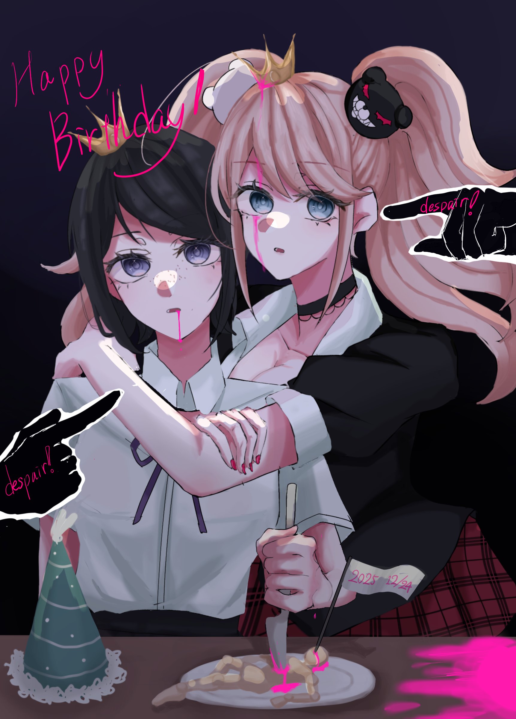 enoshima junko, ikusaba mukuro, danganronpa: trigger happy havoc, danganronpa (series), absurdres, highres, 2girls, :o, black choker, black hair, blonde hair, blood, blood from mouth, blue eyes, breasts, choker, cleavage, crown, dan ziye lei, freckles, hair ornament, happy birthday, hat, holding, holding knife, hug, knife, large breasts, long hair, looking at viewer, multiple girls, party hat, pink blood, school uniform, shirt, short hair, short sleeves, siblings, skirt, twintails