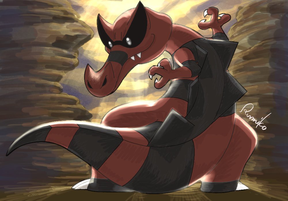 rumiko (vertlapin96), krookodile, nintendo, pokemon, commentary, artist name, claws, closed mouth, from behind, full body, gen 5 pokemon, grey eyes, looking at tail, looking back, pokemon (creature), pokemon focus, sharp teeth, smile, solo, standing, teeth