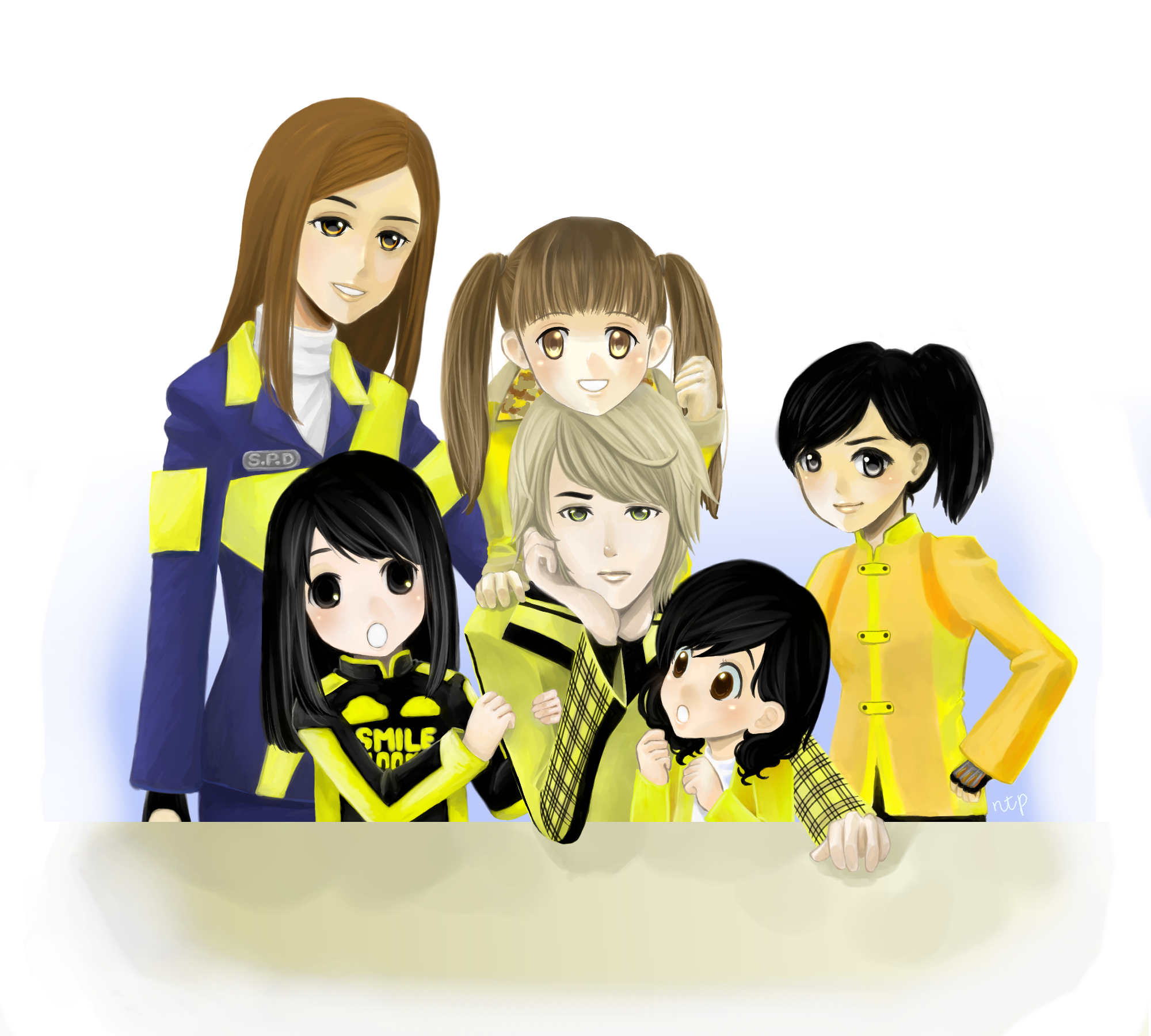 dekayellow, gekiyellow, go-on yellow, hanaori kotoha, jasmine, magiyellow, mamiya natsuki, ozu tsubasa, reimon marika, rouyama saki, uzaki ran, engine sentai go-onger, gogo sentai boukenger, juuken sentai gekiranger, mahou sentai magiranger, samurai sentai shinkenger, super sentai, tokusatsu, tokusou sentai dekaranger, silver hair, highres, 1boy, 5girls, animification, black eyes, black hair, blush, boukenyellow, brown eyes, brown hair, child, clothes writing, fingerless gloves, gloves, green eyes, grin, hand on own hip, harem, head rest, jacket, multiple girls, orange eyes, ponytail, shinkenyellow, smile, turtleneck, twintails, yellow theme