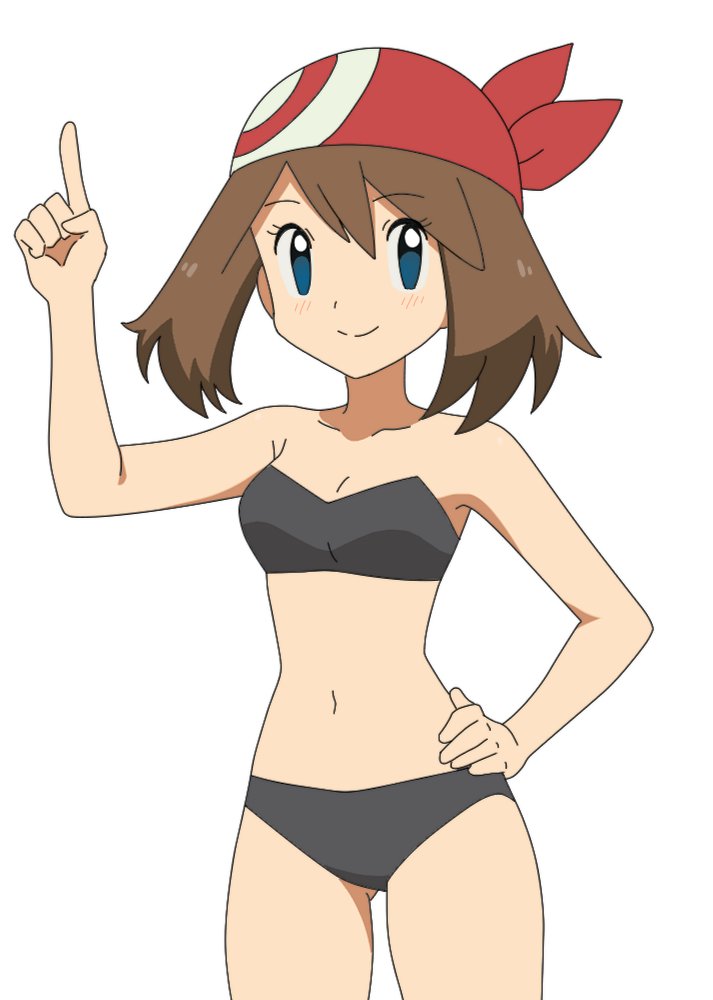 mnkr98, may (pokemon), nintendo, pokemon, pokemon rse, commentary, 1girl, arm up, bandana, belly, bikini, black bikini, blue eyes, breasts, brown hair, holding, looking at viewer, medium hair, red bandana, simple background, small breasts, smile, solo, swimsuit, white background