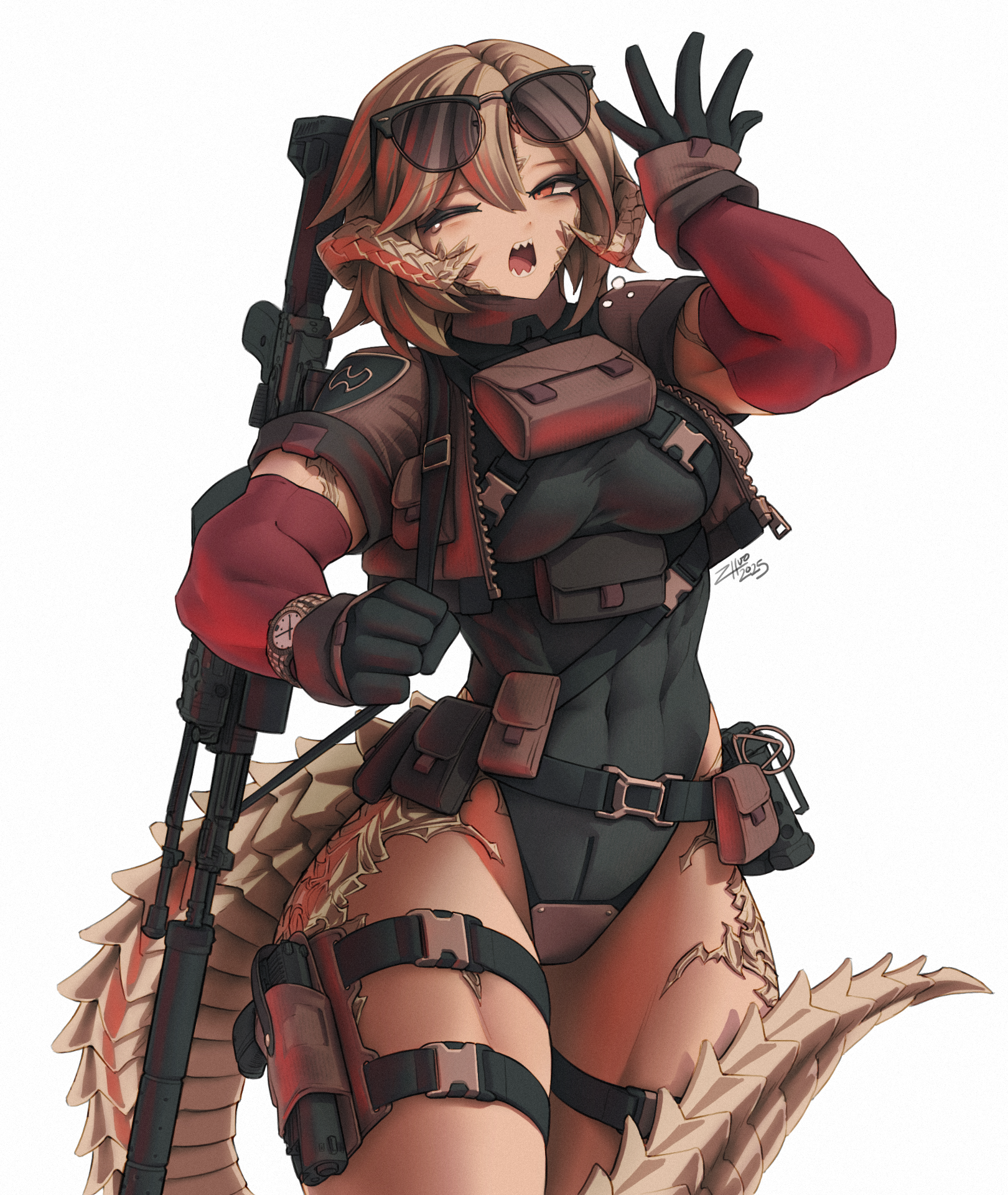 zhvo, final fantasy, final fantasy xiv, original, commission, highres, 1girl, abs, assault rifle, au ra, belt, belt pouch, black gloves, breasts, brown hair, buckle, chest harness, covered navel, cropped jacket, dragon girl, dragon horns, dragon tail, elbow gloves, explosive, eyewear on head, gloves, grenade, gun, gun on back, handgun, harness, holster, horns, leotard, medium breasts, muscular, muscular female, one eye closed, orange eyes, pouch, rifle, scales, sharp teeth, short hair, snap-fit buckle, solo, standing, sunglasses, tail, teeth, thigh holster, watch, weapon, weapon on back, white background, wristwatch, yawning