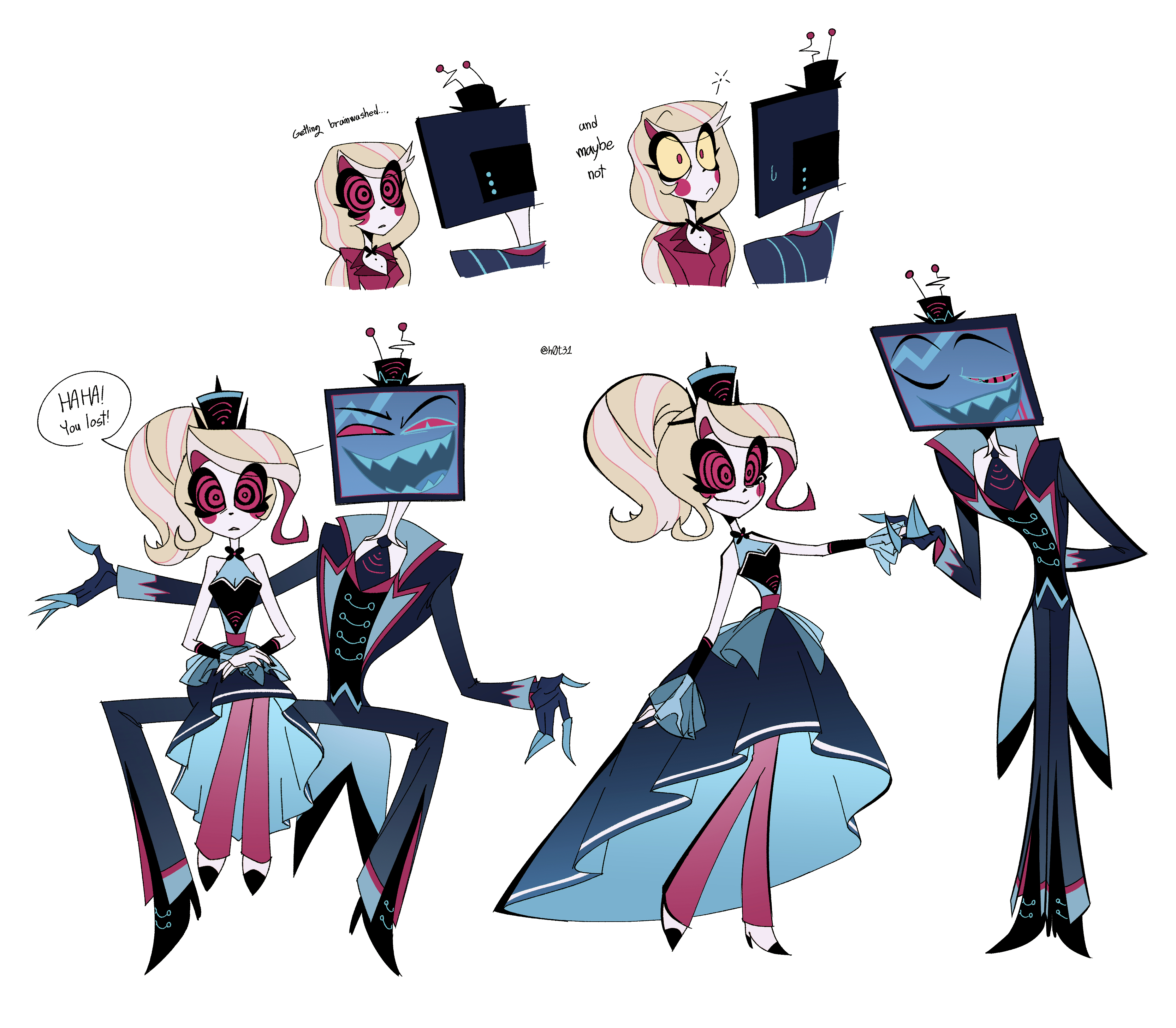 charlie morningstar, vox (hazbin hotel), hazbin hotel, hellaverse, absurdres, highres, 1boy, 1girl, bare shoulders, black jacket, blonde hair, blush stickers, breasts, colored sclera, hypnosis, jacket, long hair, medium breasts, mind control, on lap, open clothes, open jacket, pants, pink pants, ponytail, red jacket, red sclera, sharp teeth, simple background, sitting, sitting on lap, sitting on person, smile, standing, teeth, television, white background, white hair, yaky, yellow sclera