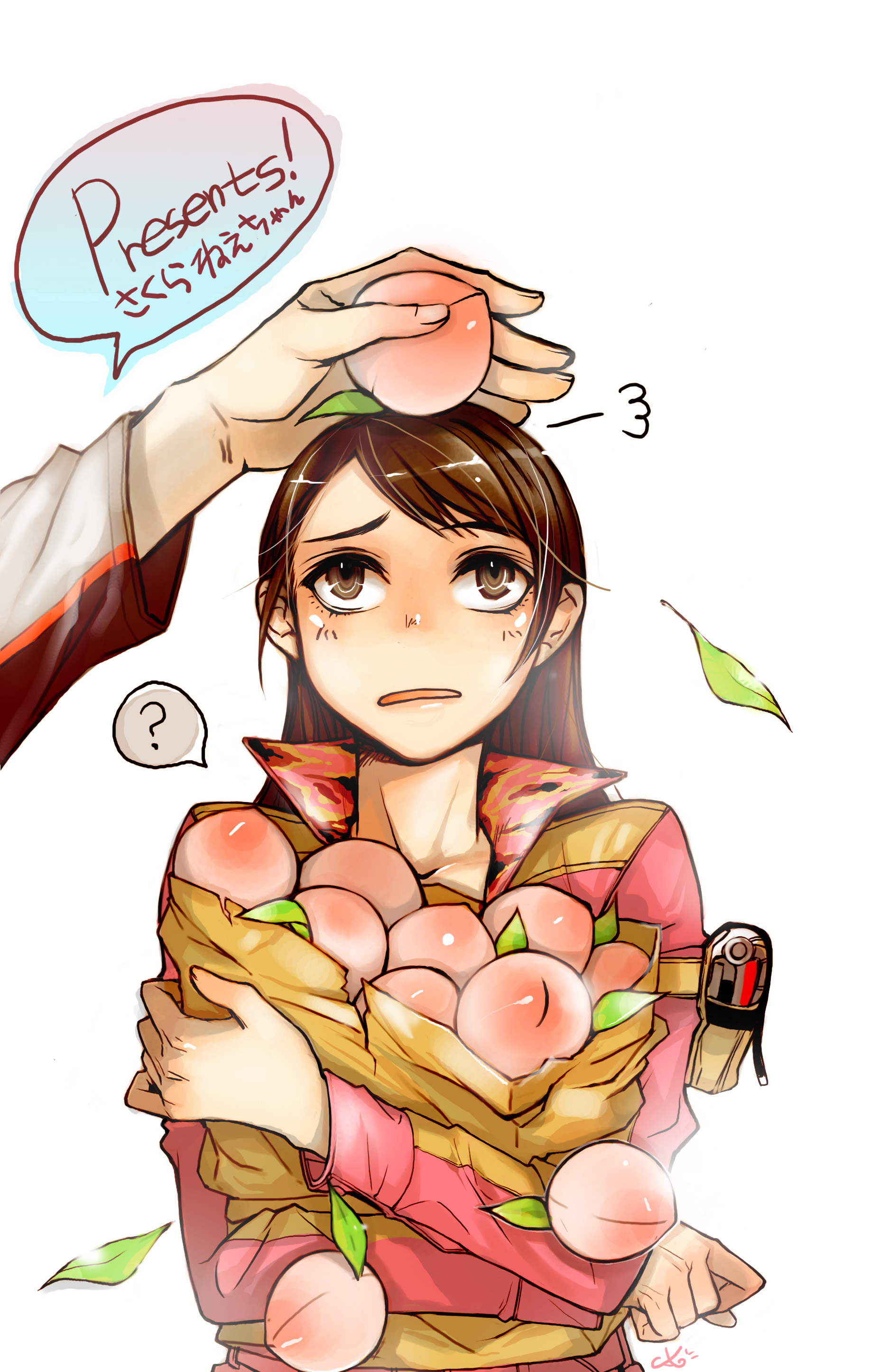 cyan (nerve), nishihori sakura, takaoka eiji, gogo sentai boukenger, super sentai, absurdres, highres, 1girl, animification, brown eyes, brown hair, cellphone, food, fruit, holding, holding food, holding fruit, jacket, long hair, peach, phone, pink theme, silver