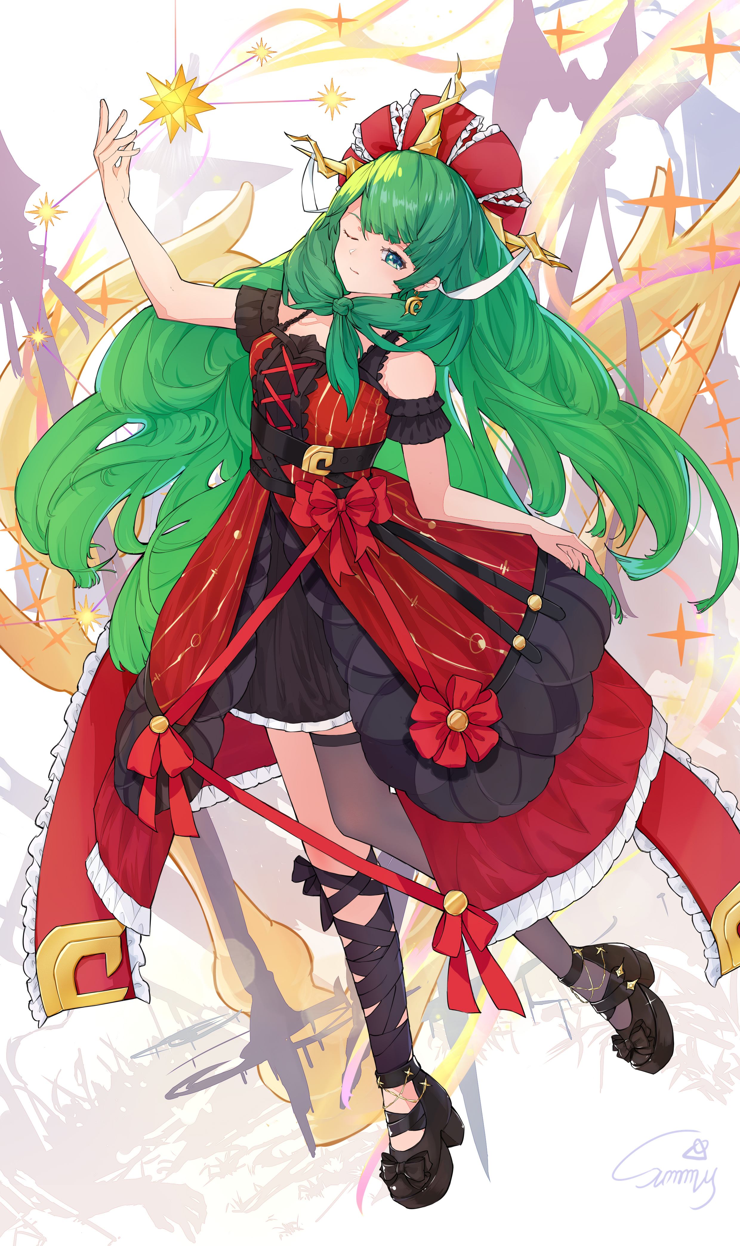 amynos, kagiyama hina, touhou, absurdres, highres, alternate costume, alternate hair length, alternate hairstyle, bare shoulders, black ribbon, black shoes, closed mouth, dress, front ponytail, green hair, hair ribbon, leg ribbon, long hair, looking at viewer, one eye closed, red dress, red ribbon, ribbon, shoes, signature, star (sky), very long hair