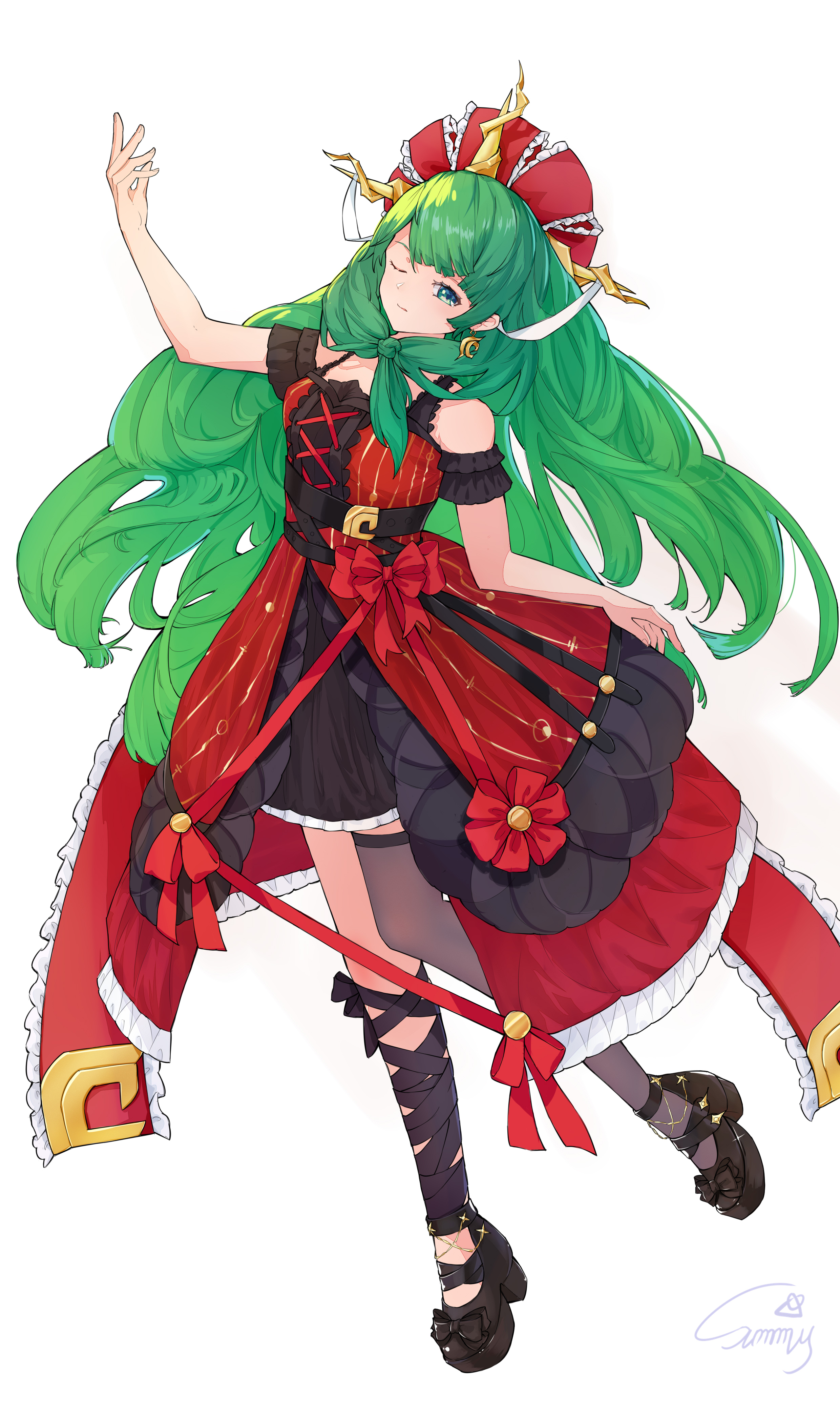 amynos, kagiyama hina, touhou, absurdres, highres, alternate costume, alternate hair length, alternate hairstyle, bare shoulders, black ribbon, black shoes, closed mouth, dress, front ponytail, green hair, hair ribbon, leg ribbon, long hair, looking at viewer, one eye closed, red dress, red ribbon, ribbon, shoes, signature, simple background, star (sky), very long hair, white background