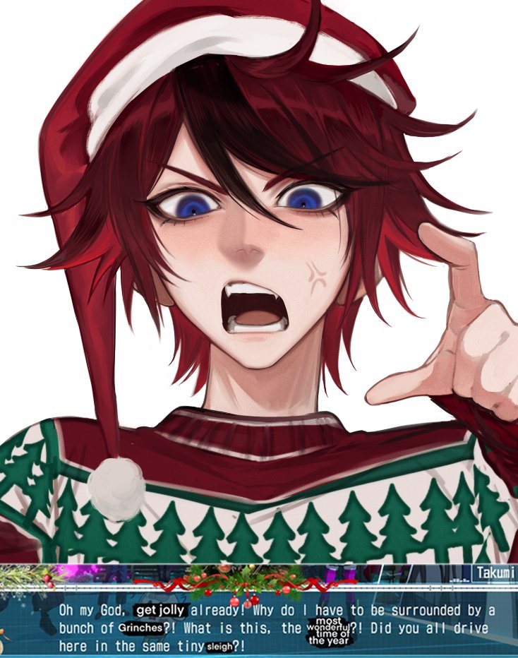 ropi (gmkr 66), sumino takumi, the hundred line -last defense academy-, 1boy, anger vein, black hair, blue eyes, christmas sweater, fangs, hair between eyes, hand up, hat, long sleeves, male focus, multicolored hair, red hair, red hat, santa hat, screenshot inset, short hair, simple background, streaked hair, teeth, tongue, two-tone hair, white background