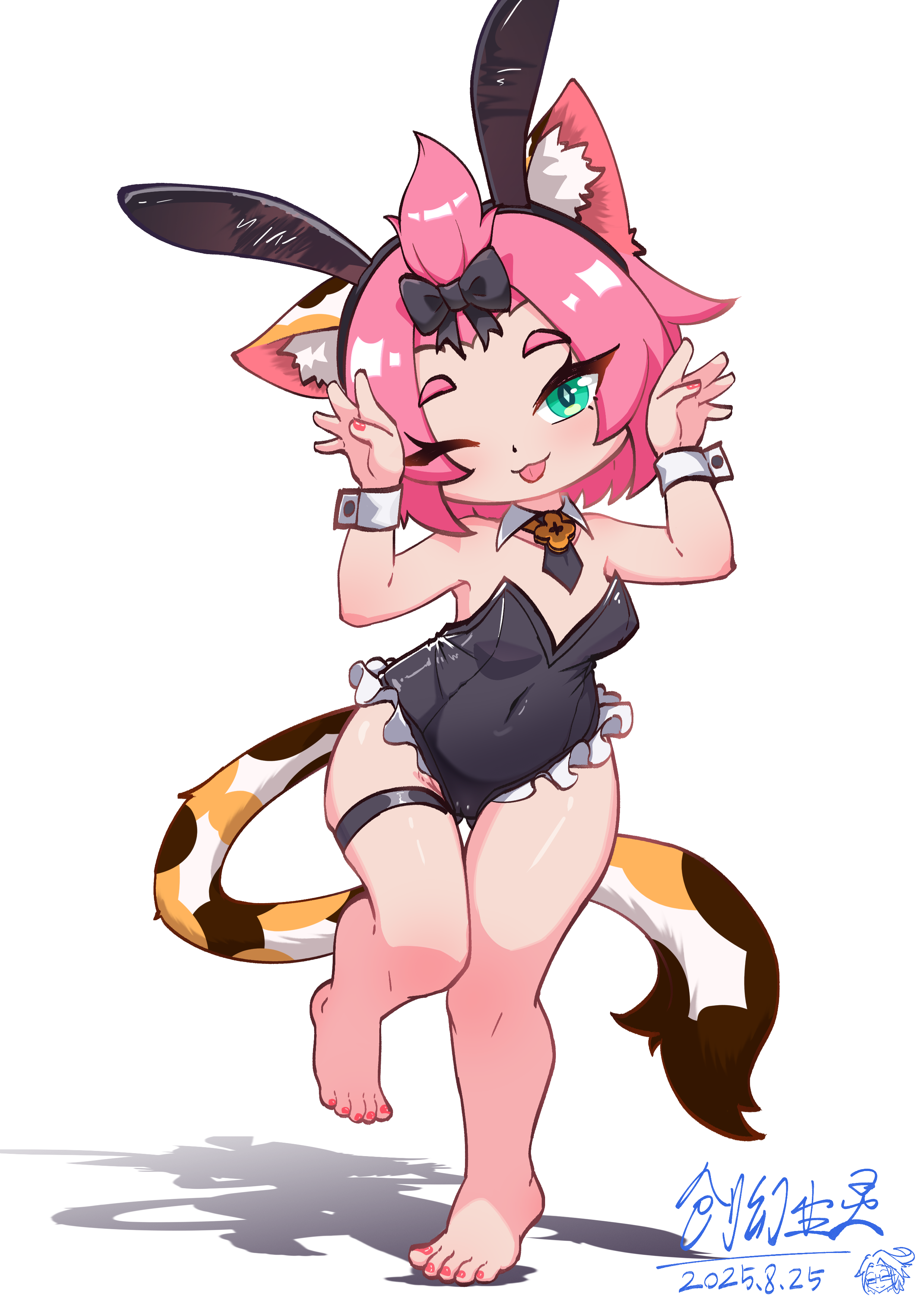 huanchuang10772, diona (genshin impact), genshin impact, absurdres, highres, 1girl, ;p, alternate costume, animal ear fluff, animal ear hairband, animal ears, bangs pinned back, barefoot, black leotard, blush, breasts, cameltoe, cat ears, cat girl, cat tail, covered navel, dated, detached collar, fake animal ears, forehead, frilled leotard, frills, full body, gluteal fold, green eyes, hairband, leotard, looking at viewer, multicolored tail, nail polish, nontraditional playboy bunny, one eye closed, paw pose, pink hair, rabbit ear hairband, rabbit ears, short hair, signature, small breasts, smile, solo, strapless, strapless leotard, tail, thick eyebrows, thigh gap, thigh strap, toenail polish, toenails, tongue, tongue out, white background, wrist cuffs