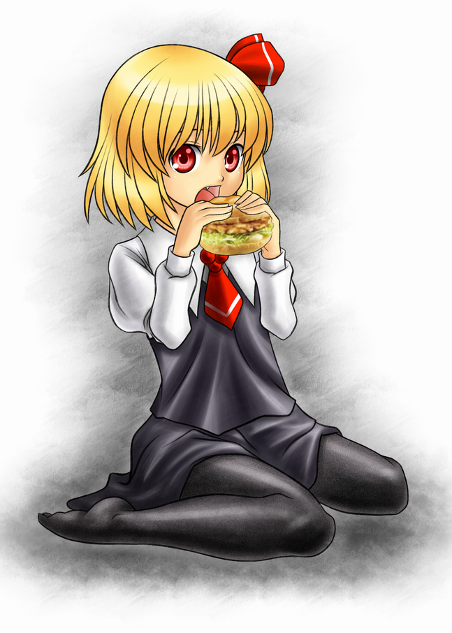 five-seven (0verlimits), rumia, embodiment of scarlet devil, touhou, 1girl, blonde hair, eating, fang, female focus, food, hair ribbon, open mouth, pantyhose, red eyes, ribbon, sandwich, short hair, solo