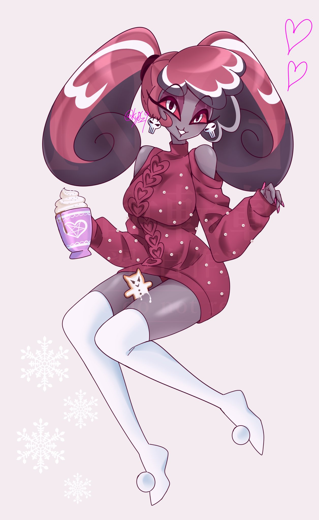 velvette (hazbin hotel), hazbin hotel, hellaverse, highres, 1girl, bare shoulders, black hair, breasts, colored sclera, dark-skinned female, dark skin, earrings, full body, heart, holding, jewelry, ky0 z9, large breasts, long hair, long sleeves, multicolored hair, red hair, red sclera, red sweater, simple background, skull earrings, smile, snowflakes, solo, sweater, teeth, thighhighs, white eyes, white hair, white thighhighs