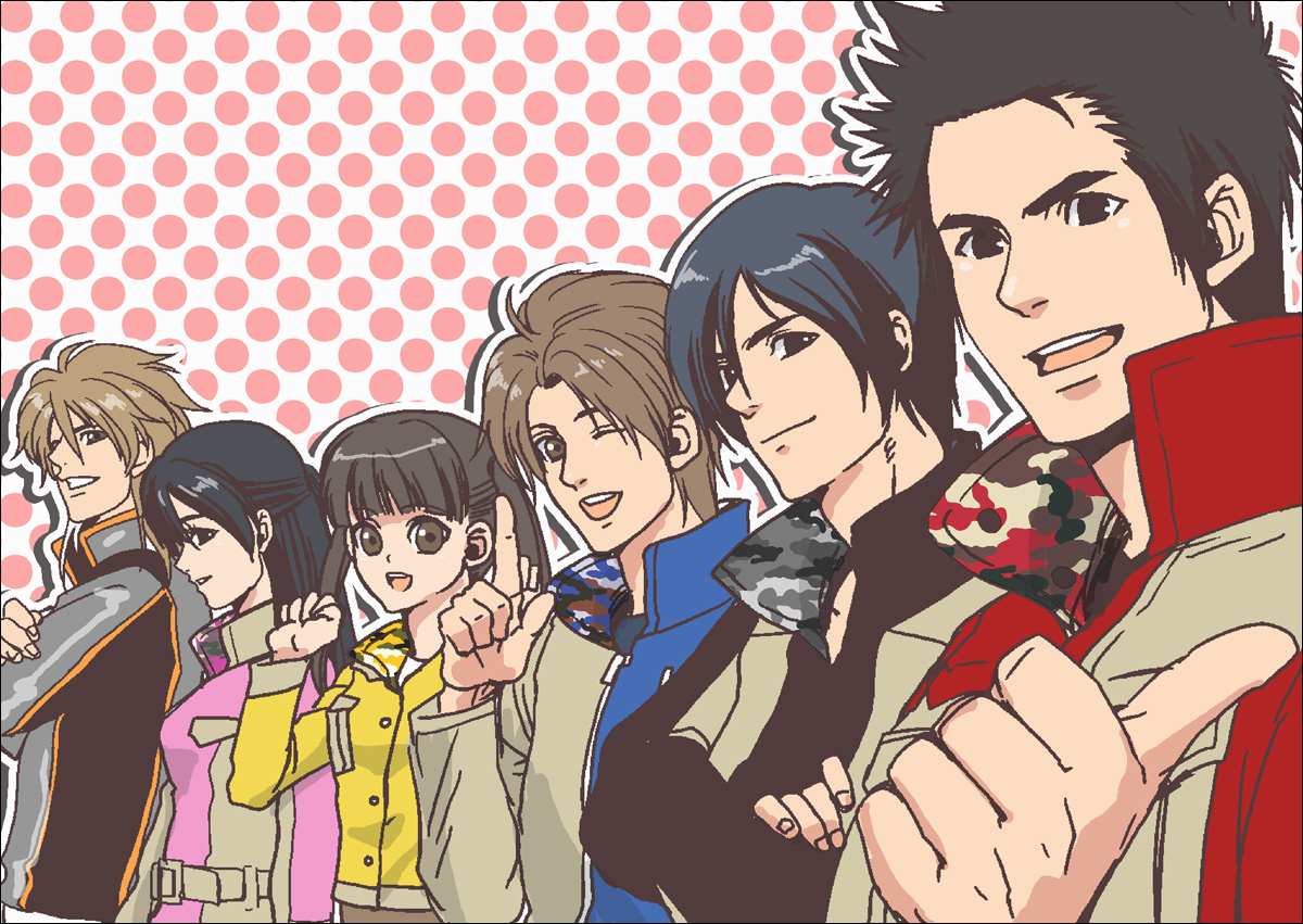 d-red, minesaki ryo, akashi satoru, inou masumi, mamiya natsuki, nishihori sakura, takaoka eiji, gogo sentai boukenger, super sentai, bad id, bad pixiv id, 2girls, 4boys, animification, black theme, blue theme, cellphone, jacket, multiple boys, multiple girls, phone, pink theme, red theme, silver, yellow theme