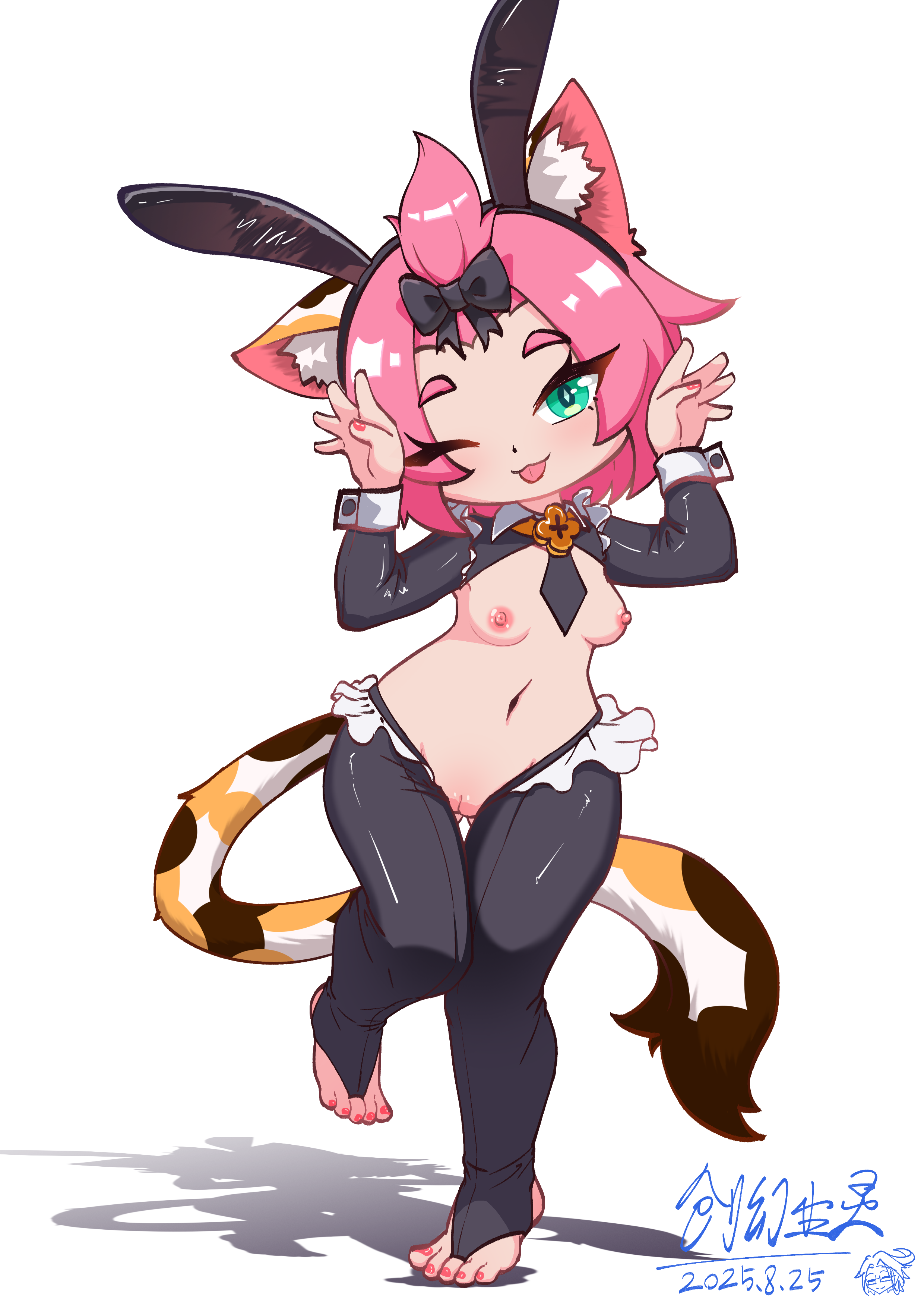 huanchuang10772, diona (genshin impact), genshin impact, absurdres, highres, 1girl, ;p, alternate costume, animal ear fluff, animal ear hairband, animal ears, bangs pinned back, barefoot, black hiphighs, black shrug, blush, breasts, bridal legwear, cat ears, cat girl, cat tail, collared shrug, dated, fake animal ears, forehead, frontless outfit, full body, gluteal fold, green eyes, hairband, hiphighs, looking at viewer, multicolored tail, nail polish, navel, nipples, nontraditional playboy bunny, one eye closed, paw pose, pink hair, pussy, rabbit ear hairband, rabbit ears, reverse bunnysuit, reverse outfit, short hair, shrug (clothing), signature, small breasts, smile, solo, tail, thick eyebrows, thigh gap, toenail polish, toenails, tongue, tongue out, uncensored, white background, wrist cuffs