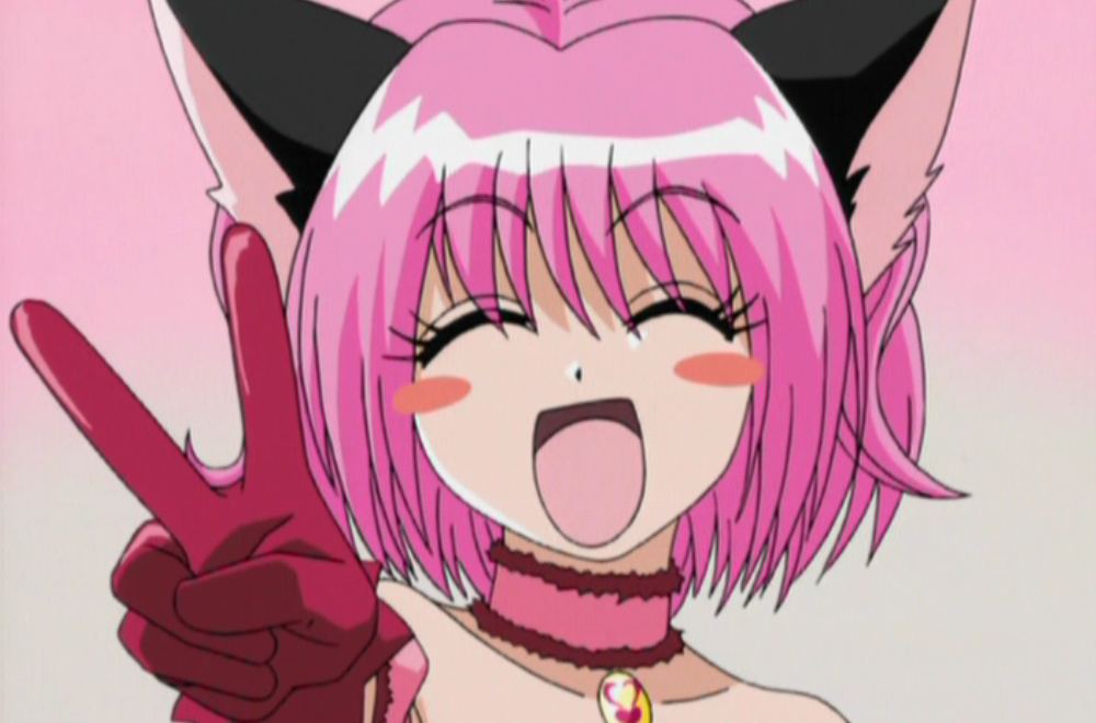mew ichigo, momomiya ichigo, tokyo mew mew, 00s, 1girl, animal ears, cat, cat ears, female focus, pink hair, smile, solo, v