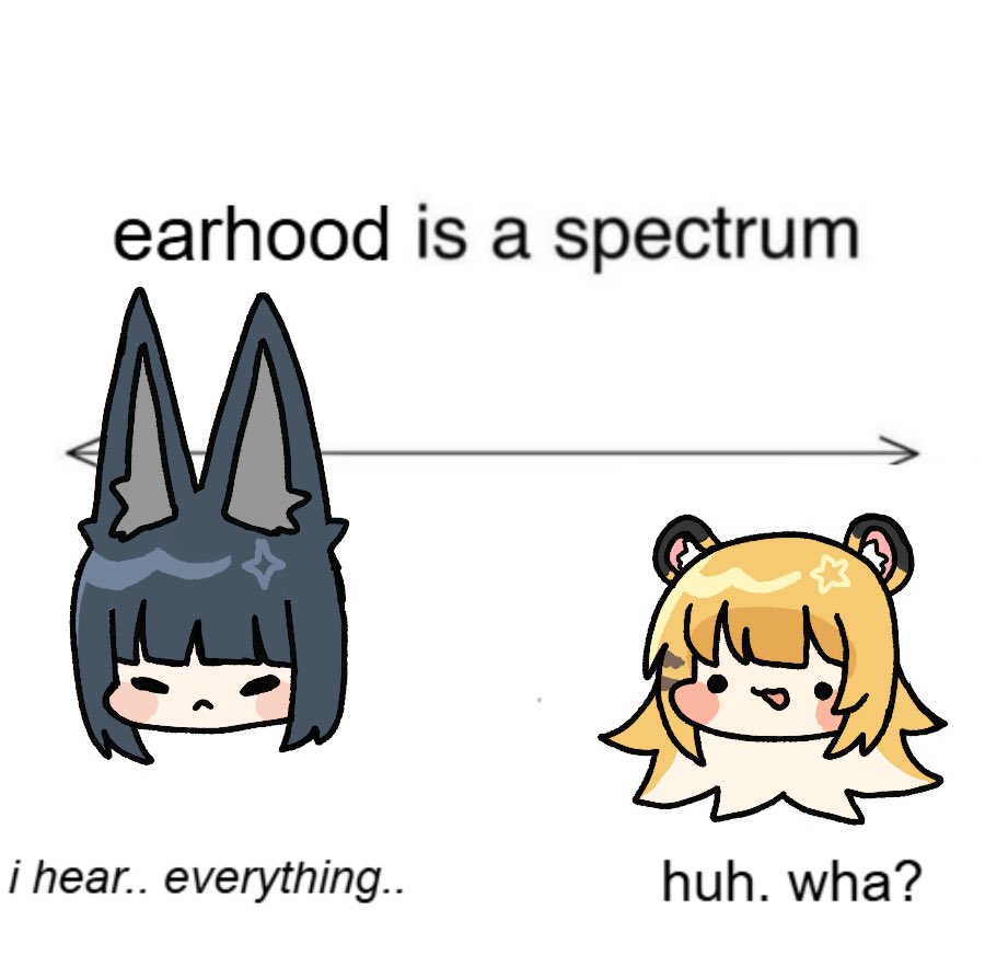 hoshimi miyabi, ju fufu, zenless zone zero, commentary, english commentary, 2girls, animal ear fluff, animal ears, black hair, blonde hair, blush stickers, closed mouth, cropped head, english text, expressionless, fox ears, fox girl, girlhood is a spectrum (meme), happybemmy, long hair, meme, multiple girls, open mouth, sidelocks, smile, tiger ears, tiger girl