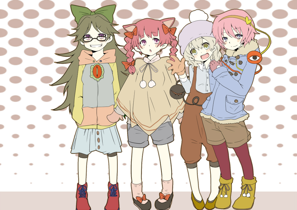pun2, kaenbyou rin, komeiji koishi, komeiji satori, reiuji utsuho, touhou, bad id, bad pixiv id, 4girls, alternate costume, animal ears, blonde hair, braid, brown hair, cat ears, cat girl, coat, contemporary, female focus, glasses, green eyes, hair ribbon, hairband, hat, heart, long hair, multiple girls, pantyhose, pink hair, purple eyes, red eyes, red hair, ribbon, short hair, twin braids, twintails