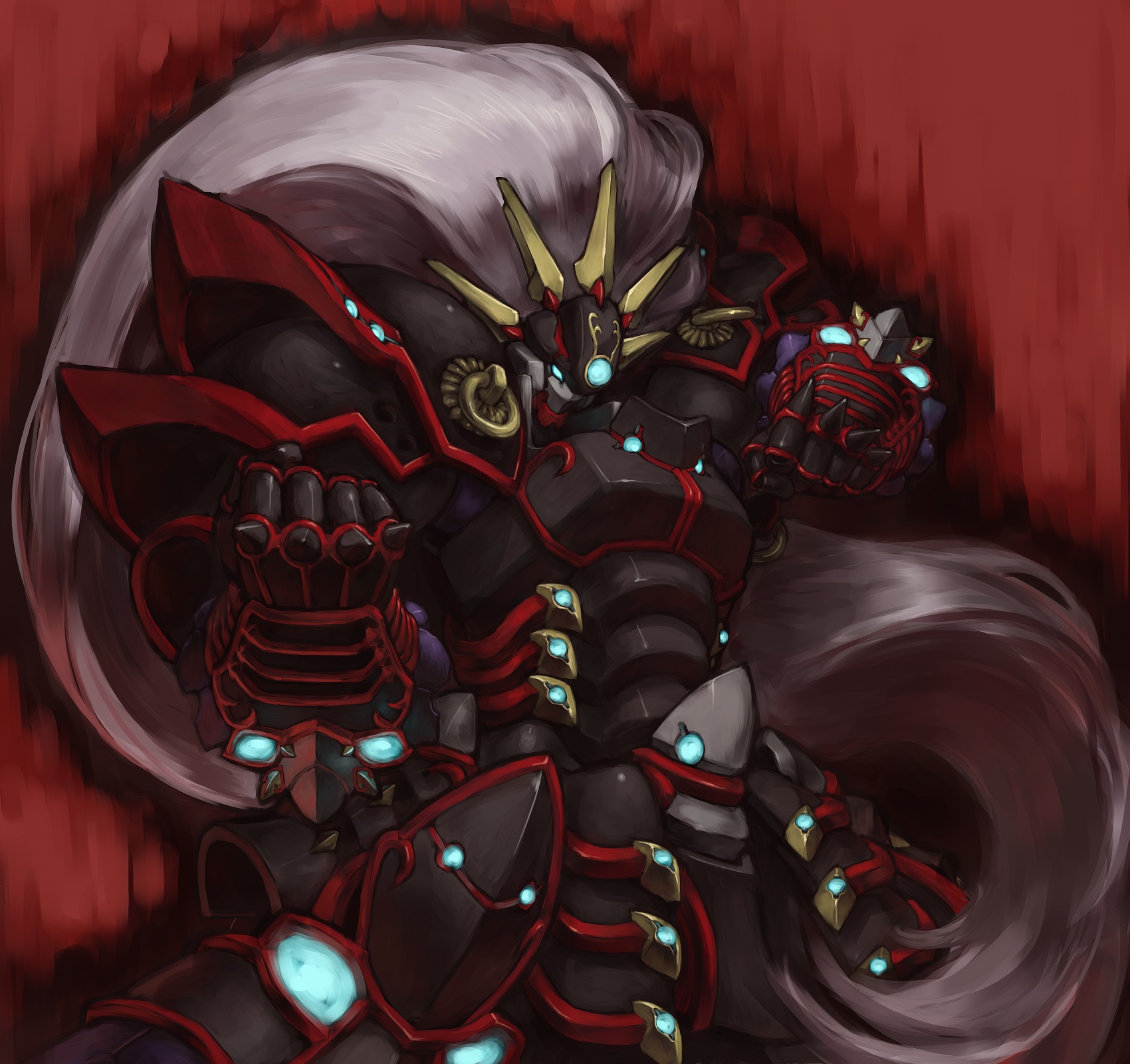 shizentai, rasatsuki arkon, banpresto, super robot wars, super robot wars og saga mugen no frontier, super robot wars og saga mugen no frontier exceed, highres, fighting stance, long hair, mecha, no humans, robot, solo, very long hair, white hair