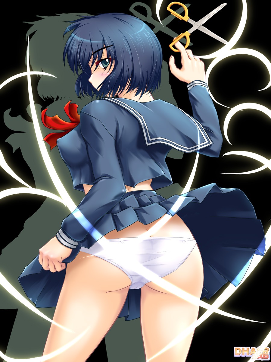 dha, urabe mikoto, nazo no kanojo x, highres, 1girl, ass, blue hair, butt crack, female focus, green eyes, panties, school uniform, scissors, serafuku, short hair, skirt, solo, underwear, wind, wind lift