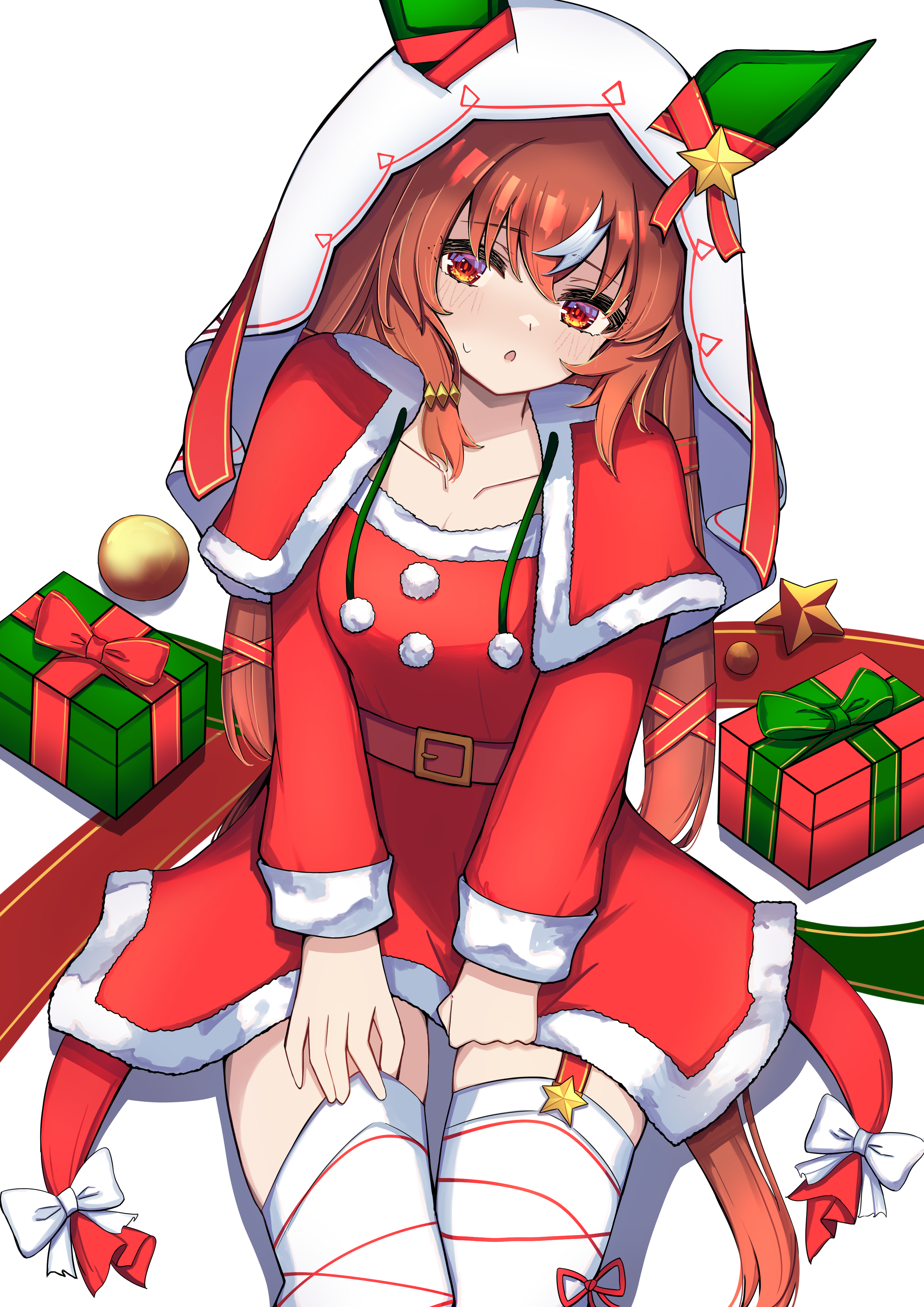 wakaraaan, still in love (umamusume), umamusume, absurdres, commentary request, highres, 1girl, animal ears, blush, bow, breasts, brown hair, capelet, christmas, christmas present, collarbone, dress, ear covers, ear ribbon, fur-trimmed capelet, fur-trimmed dress, fur trim, garter straps, gift, hair between eyes, horse ears, horse girl, horse tail, long hair, looking at viewer, parted lips, red capelet, red dress, red eyes, ribbon, santa costume, santa dress, small breasts, solo, star (symbol), tail, thighhighs, veil, white streaks, white thighhighs, white veil