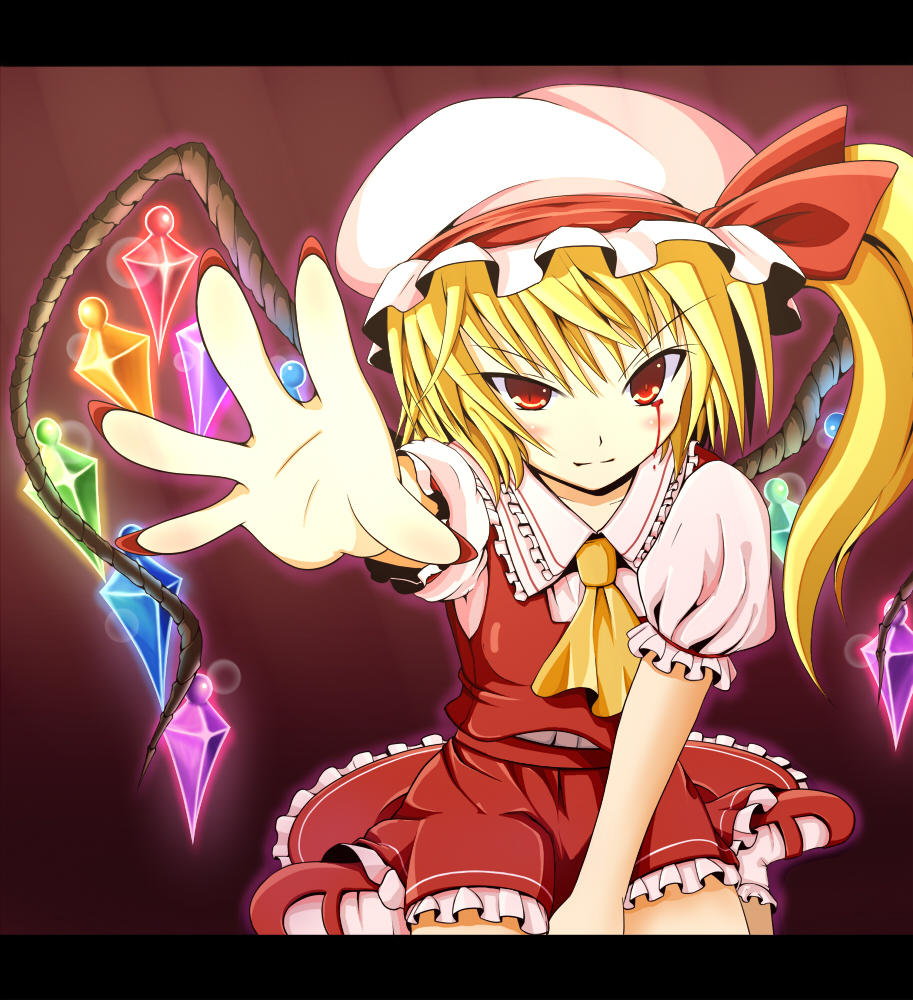 yunomi chawan, flandre scarlet, touhou, bad id, bad pixiv id, 1girl, alternate wings, between legs, blood, blood on face, bloody tears, blush, female focus, foreshortening, hand between legs, hat, letterboxed, looking at viewer, mary janes, nail polish, outstretched arm, outstretched hand, ponytail, red eyes, red nails, shoes, short hair, side ponytail, sitting, slit pupils, smile, solo, tsurime, wariza, wings