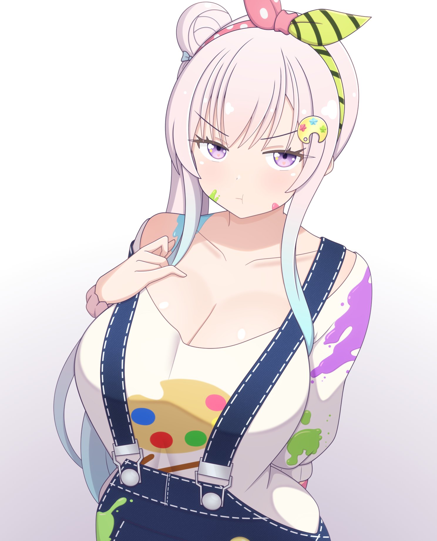 ren 0 (044ren), airani iofifteen, airani iofifteen (1st costume), hololive, hololive indonesia, hashtag-only commentary, highres, 1girl, breasts, cleavage, denim, denim overalls, gradient background, hair bun, large breasts, long hair, paint on body, palette hair ornament, pink hair, pout, purple eyes, side ponytail, virtual youtuber