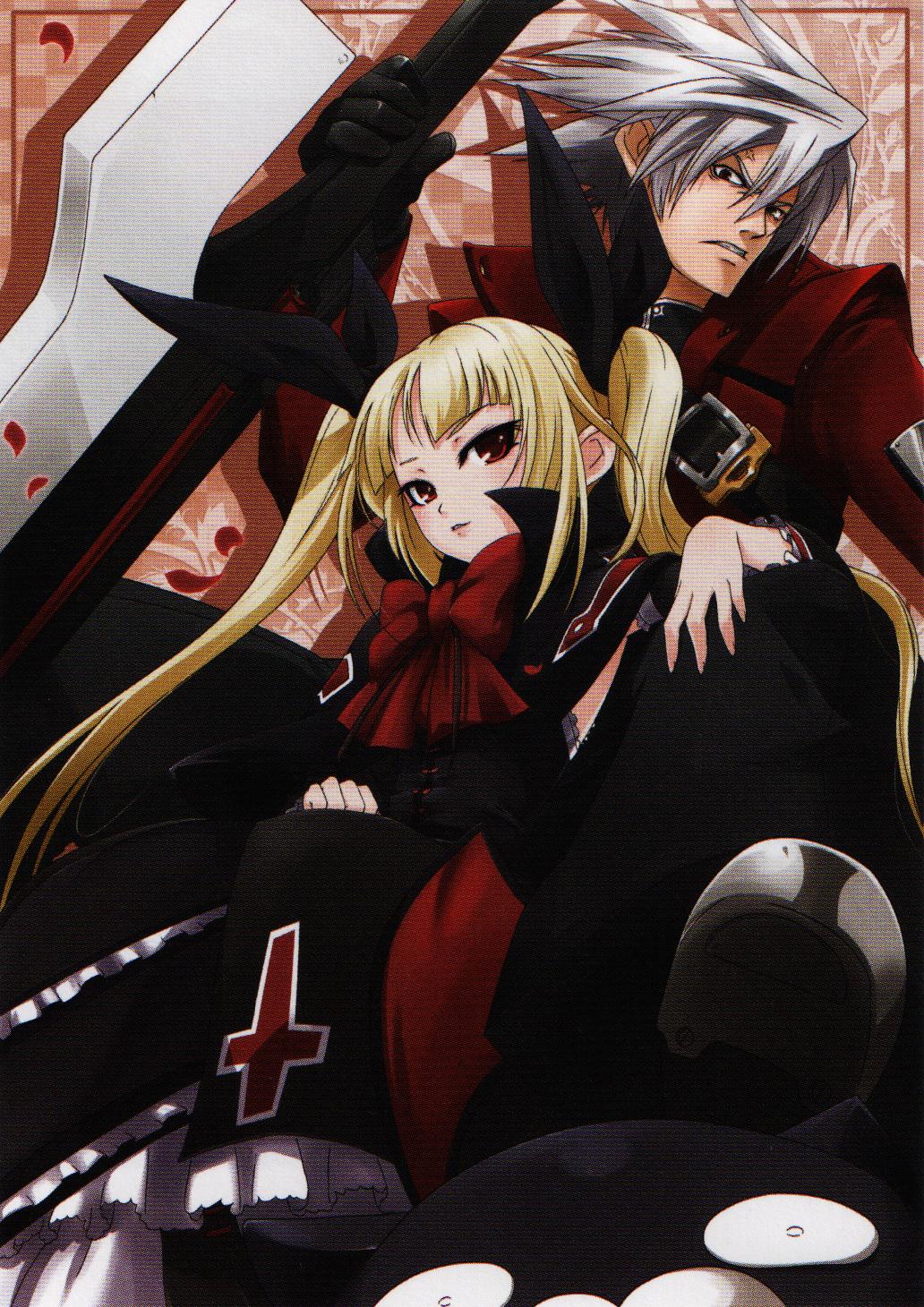 mori toshimichi, nago, rachel alucard, ragna the bloodedge, arc system works, blazblue, blazblue: calamity trigger, highres, official art, 1boy, 1girl, blonde hair, bow, frills, grey hair, hair ribbon, red bow, red eyes, ribbon, sword, twintails, weapon