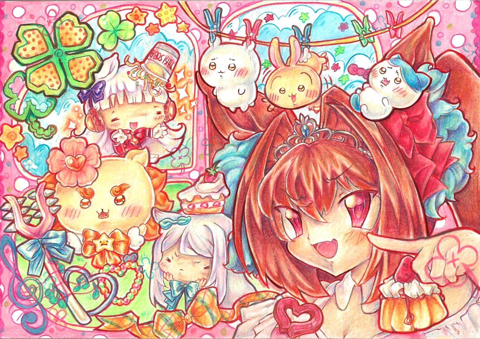 lennardo (grim the end), chiikawa (character), daiwa scarlet (umamusume), gold ship (umamusume), hachiware (chiikawa), mejiro mcqueen (umamusume), usagi (chiikawa), chiikawa, umamusume, highres, 3girls, animal ears, chibi, closed eyes, clothes pin, clothesline, cloud, cloudy sky, clover, flower, four-leaf clover, horse ears, horse girl, instant cup noodles, instant noodles, multiple girls, pink background, polka dot, polka dot background, red eyes, shisa (chiikawa), sky, star (symbol), tiara, weapon, white hair