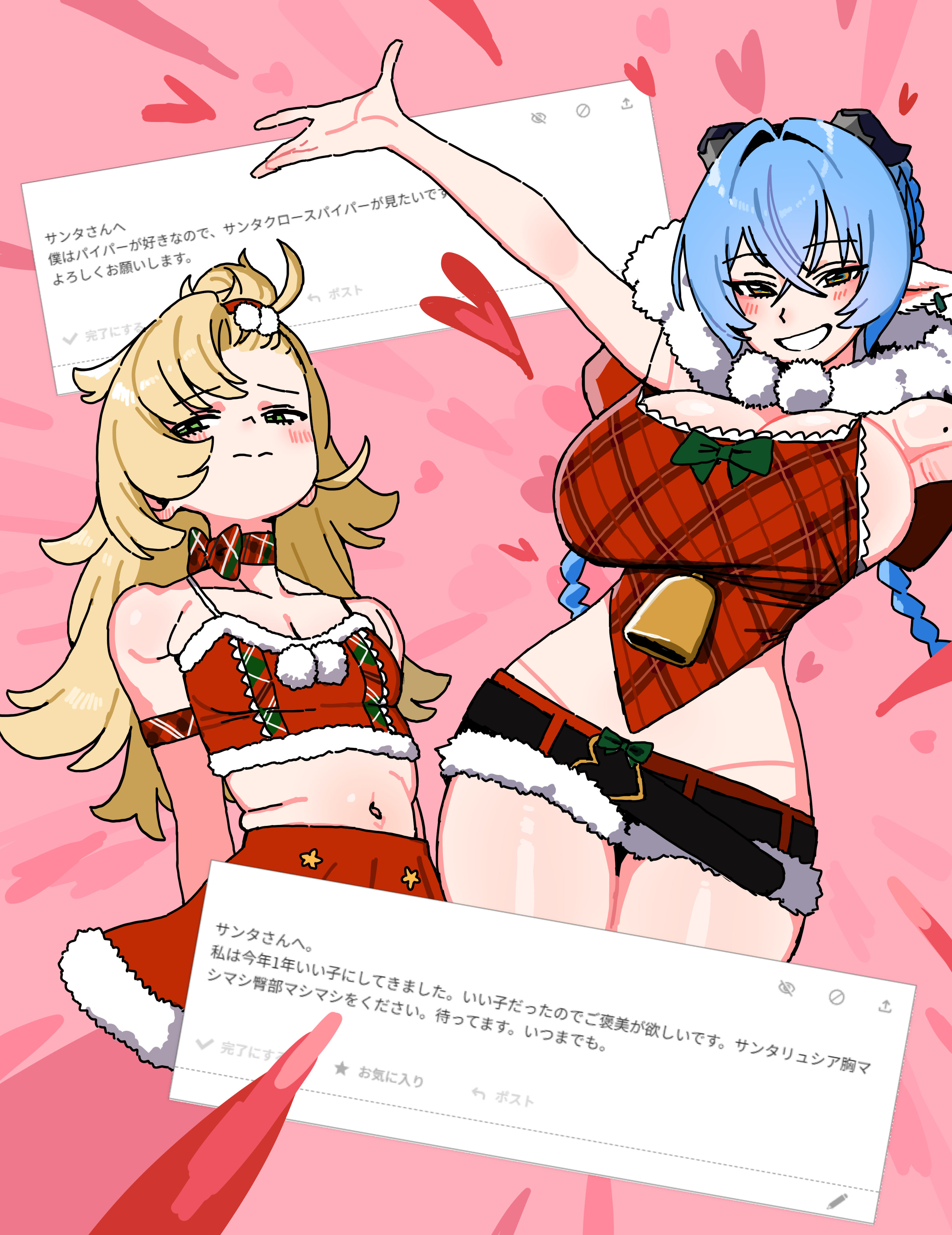 andii (anzai teachco), lucia elowen, piper wheel, zenless zone zero, absurdres, commentary request, highres, 2girls, alternate costume, animal ears, armpits, averting eyes, bare shoulders, bell, belt, black horns, blonde hair, blush, braid, breasts, bursting breasts, choker, cleavage, closed mouth, collarbone, crop top, crossed bangs, frilled shirt, frills, fur-trimmed crop top, fur-trimmed shirt, fur-trimmed shorts, fur-trimmed skirt, fur hood, fur trim, goat ears, goat girl, goat horns, green eyes, grin, hair between eyes, hair intakes, half-closed eyes, heart, horns, large breasts, long hair, looking at viewer, medium breasts, micro shorts, midriff, mole, mole on arm, multiple girls, navel, parted lips, pink background, plaid armband, plaid choker, plaid clothes, plaid shirt, pointy ears, red shorts, red skirt, ribbon choker, santa costume, shirt, shorts, skirt, smile, twin braids