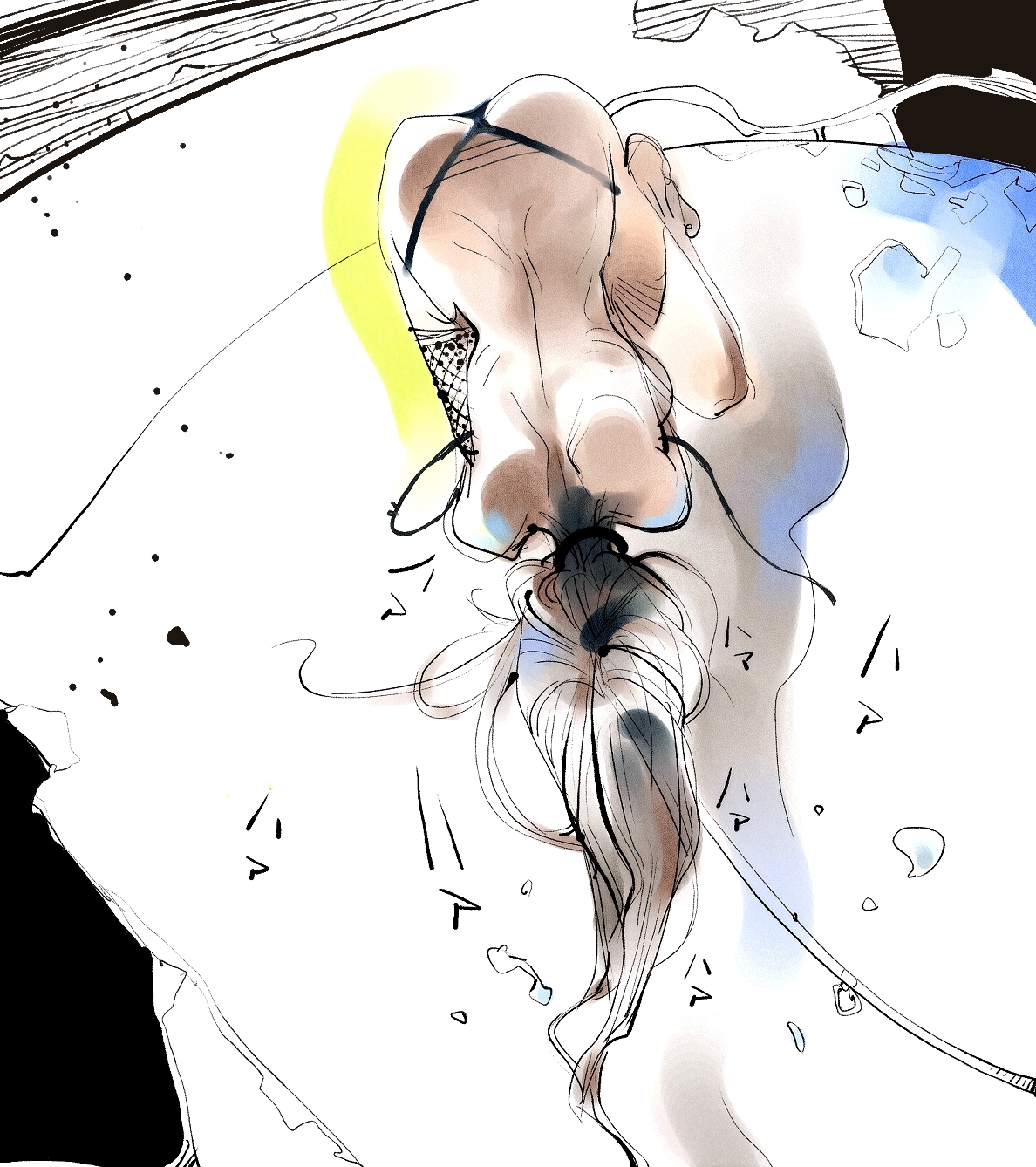 dabosu, original, highres, painting (medium), traditional media, watercolor (medium), 1girl, ass, bent over, female focus, panties, solo, thong, underwear