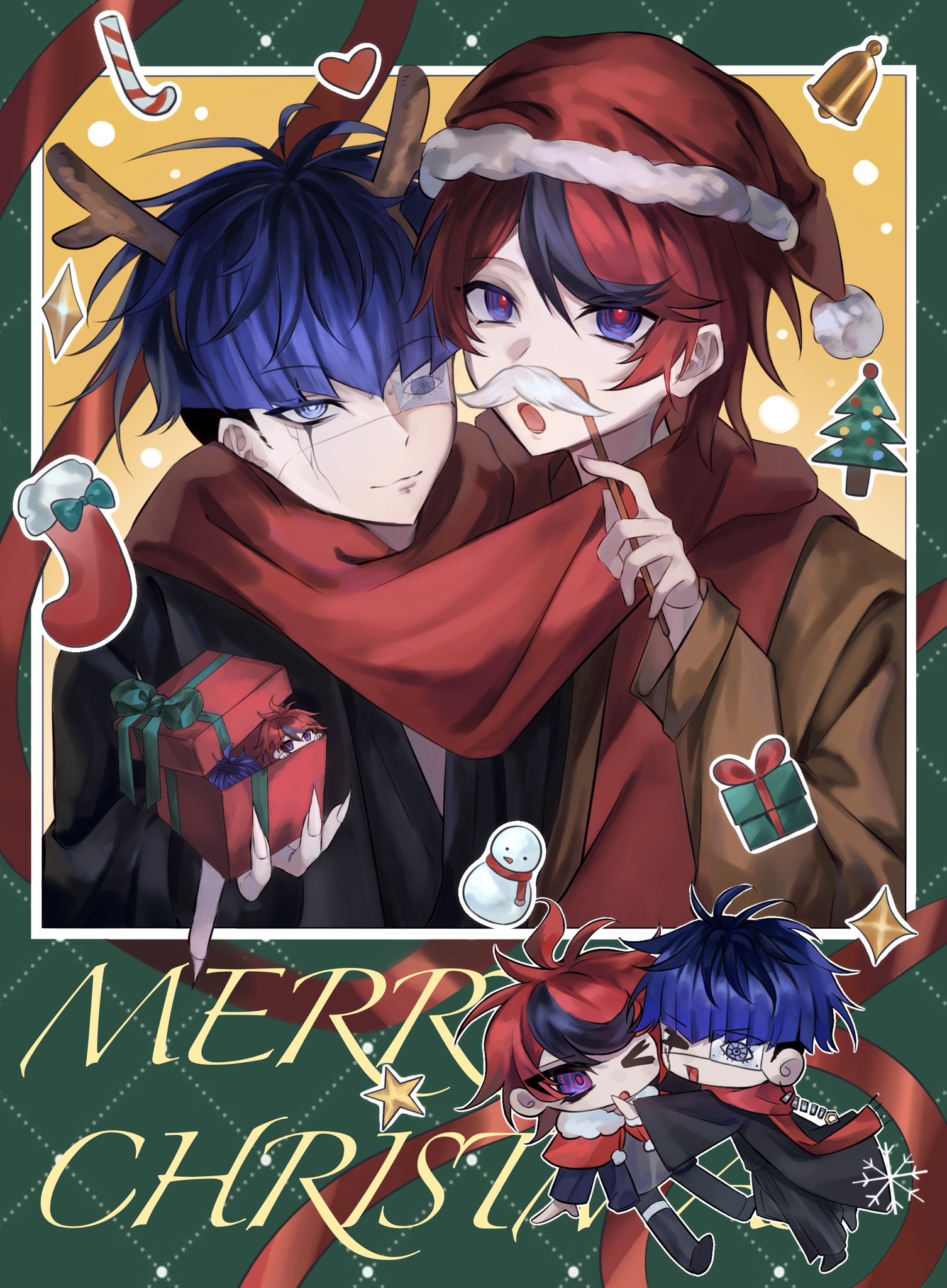 omokage yugamu, sumino takumi, the hundred line -last defense academy-, commentary, english commentary, highres, > o, 2boys, :o, ahoge, alternate costume, antlers, bell, black hair, black haori, black kimono, black pants, black streaks, blue eyes, blue hair, box, bright pupils, brown jacket, candy, candy cane, chibi, christmas, christmas stocking, christmas tree, earrings, eye print, eyepatch, face piercing, fake antlers, fake facial hair, fake mustache, food, fur-trimmed headwear, fur trim, gift, grey jacket, hakama, hakama pants, hand up, haori, hat, heart, holding, holding gift, horns, in box, in container, jacket, japanese clothes, jewelry, kimono, male focus, merry christmas, multicolored hair, multiple boys, multiple views, nellie (liyuezhong1018), one eye closed, open mouth, pants, peeking out, piercing, print eyepatch, red hair, red hat, red ribbon, red scarf, reindeer antlers, ribbon, ringed eyes, santa hat, scarf, shared clothes, shared scarf, short hair, snowflakes, snowman, star (symbol), streaked hair, two-tone hair, white pupils