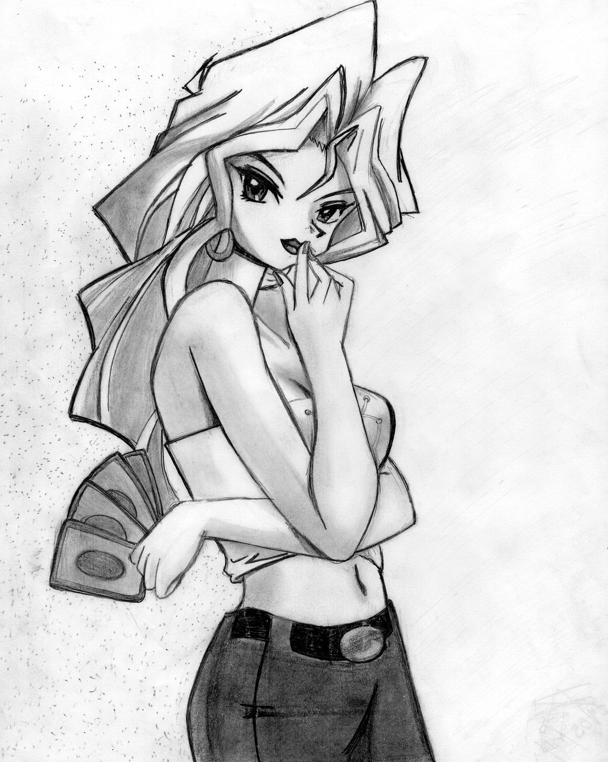 kujaku mai, yu-gi-oh!, yu-gi-oh! duel monsters, drawing, highres, traditional media, 1girl, card, female focus, greyscale, midriff, monochrome, navel, sketch, solo