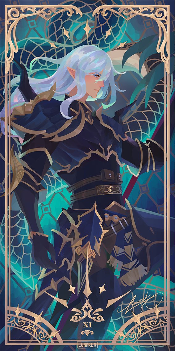 lunarea, estinien varlineau, final fantasy, final fantasy xiv, commentary, english commentary, 1boy, arm up, armor, belt, black armor, blue eyes, border, breastplate, brown belt, closed mouth, elezen, elf, faulds, gauntlets, gold trim, long hair, male focus, multiple belts, ornate border, pauldrons, pointy ears, polearm, profile, shoulder armor, solo, spiked pauldrons, spikes, weapon, white hair
