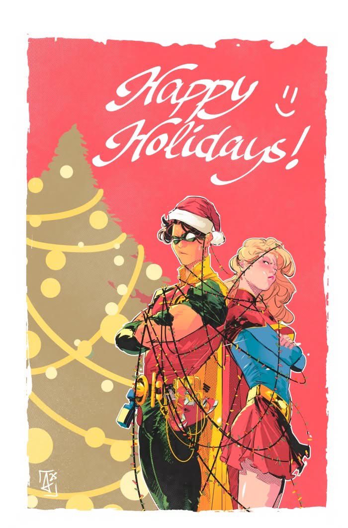 dick grayson, robin (dc), supergirl, batman (series), dc comics, superman (series), commentary, english commentary, 1boy, 1girl, agutierrezart, belt, black hair, blonde hair, blush, bodysuit, cape, christmas, eye mask, happy holidays, hat, mask, multicolored bodysuit, santa hat, superhero costume, taut bodysuit, two-tone bodysuit, utility belt, yellow cape