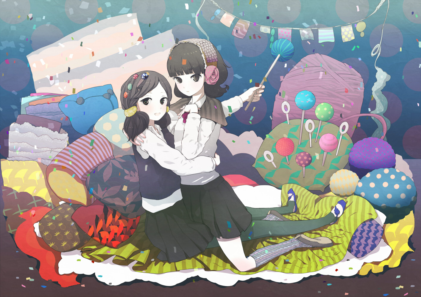 felt, original, 2girls, black hair, confetti, kneehighs, multiple girls, pantyhose, pin, skirt, socks, yarn, yarn ball, yuri