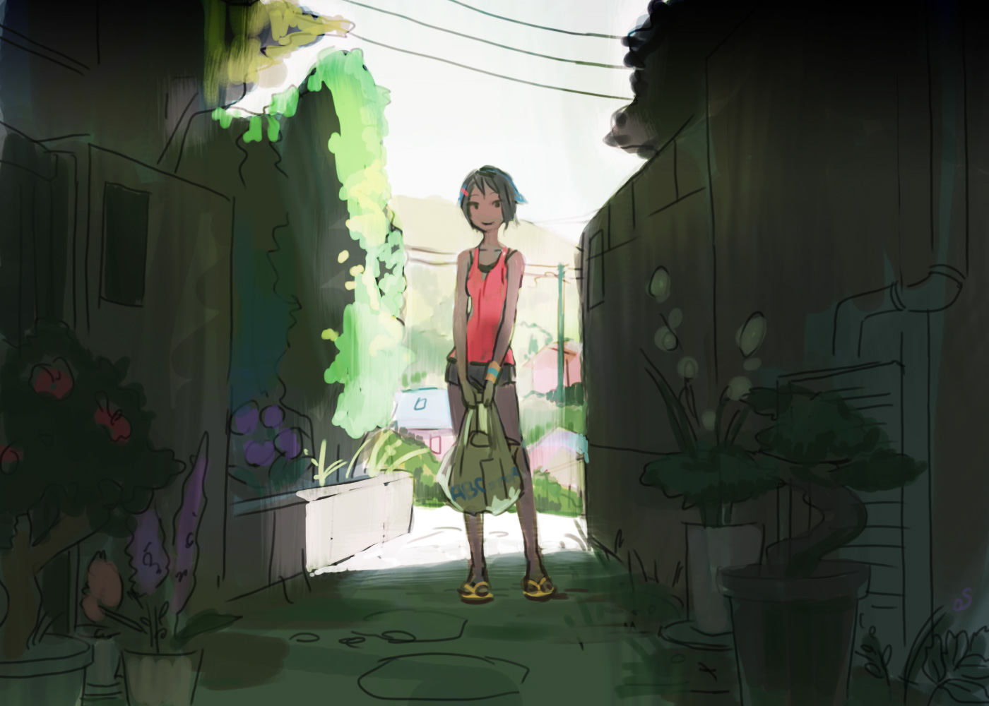 iwamoto zerogo, original, light, 1girl, bag, bare legs, camisole, female focus, flip-flops, groceries, hair ornament, hairclip, no nose, plant, sandals, shadow, short hair, short shorts, shorts, smile, solo, wristband