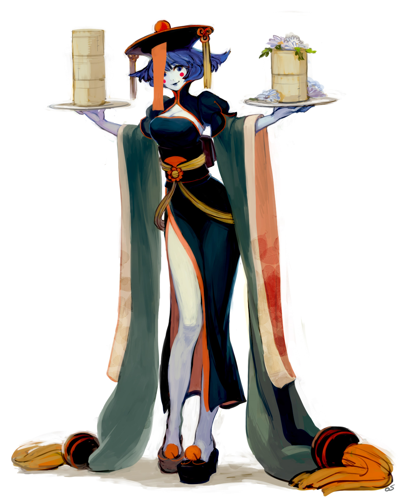 iwamoto zerogo, hsien-ko, capcom, darkstalkers, highres, 1girl, blue hair, blue skin, breasts, casual, china dress, chinese clothes, cleavage, colored skin, demon girl, dress, female focus, flipped hair, flower, hat, jiangshi, legs, ofuda, plate, qingdai guanmao, short hair, solo, zombie