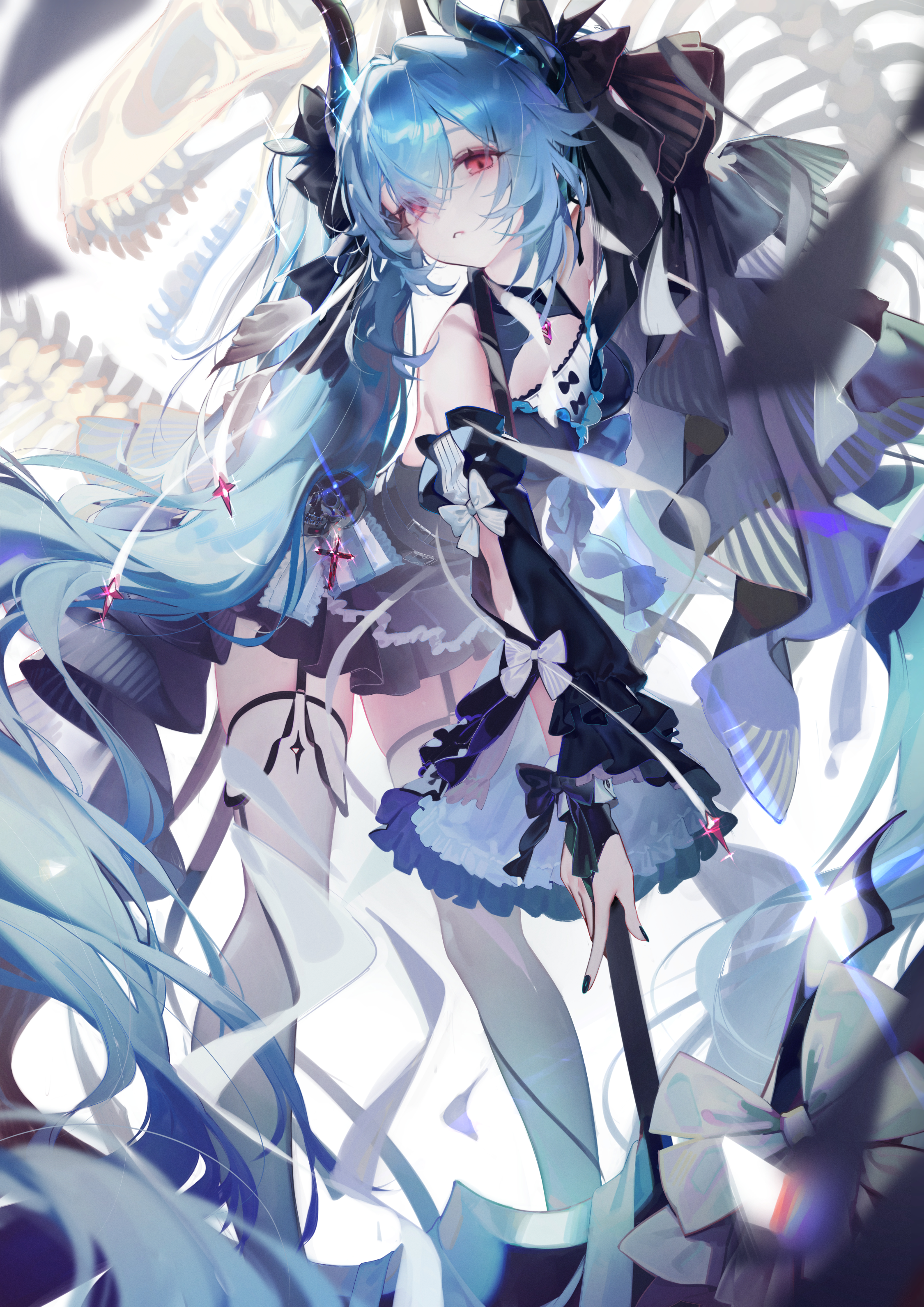 ribiadan, morello (morellostorment), original, absurdres, commentary, commission, highres, pixiv commission, 1girl, animal skeleton, bare shoulders, black dress, black horns, black nails, black sleeves, blue hair, breasts, cross, detached sleeves, dress, feet out of frame, fingernails, frilled dress, frilled sleeves, frills, garter straps, hair between eyes, holding, holding scythe, horns, long hair, looking at viewer, medium breasts, nail polish, parted lips, red eyes, ribbon, scythe, short dress, solo, thighhighs, very long hair, white ribbon, white thighhighs, wide sleeves