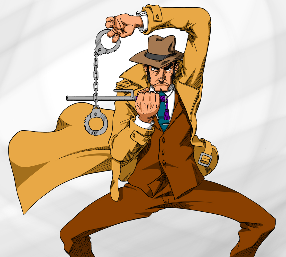 bouzu oyaji, ikumo taisuke, alexander anderson, zenigata kouichi, hellsing, lupin iii, eyebrows, bad id, bad pixiv id, 1boy, coat, cuffs, fedora, handcuffs, hat, jitte, male focus, necktie, parody, sideburns, solo, tassel, trench coat, weapon