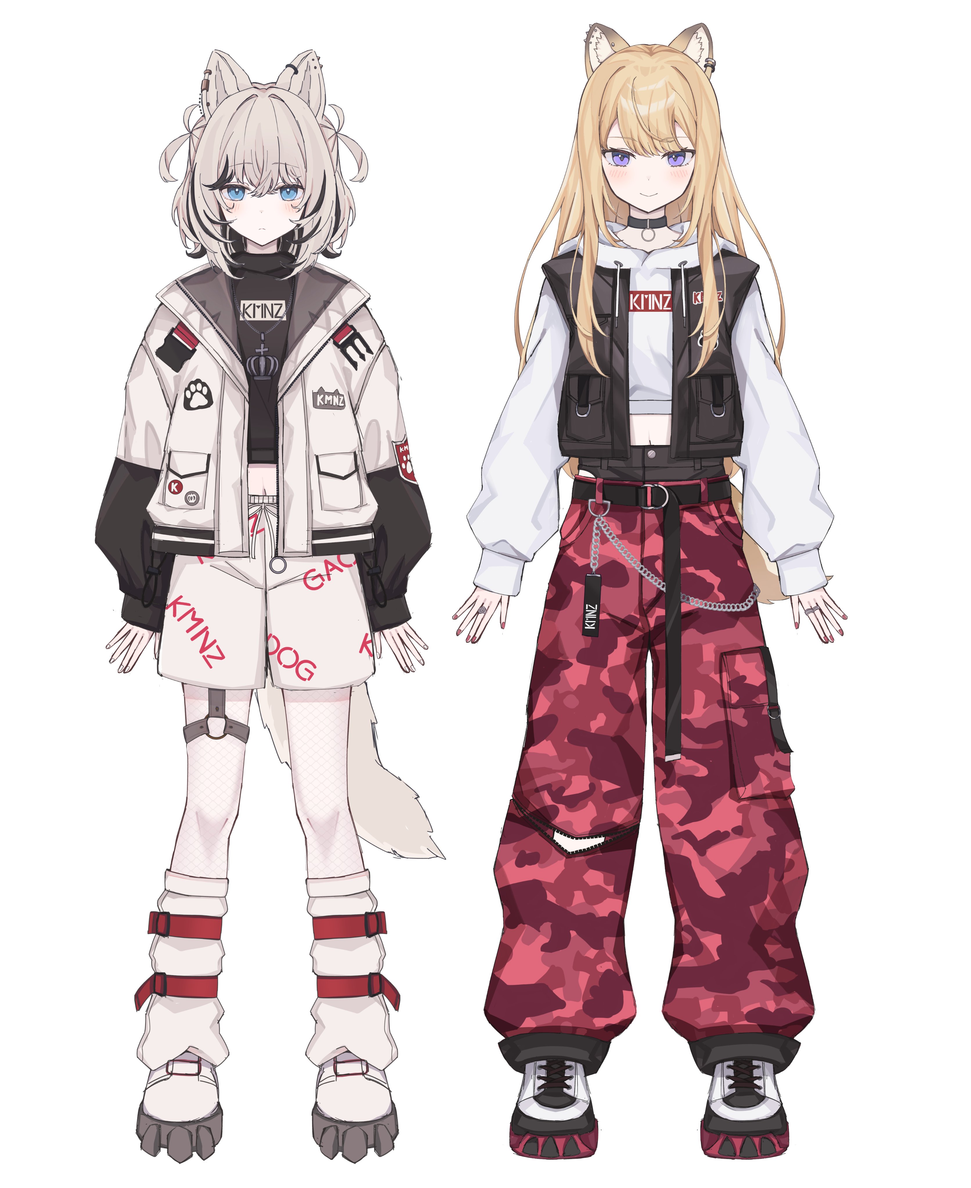 no name ver1, lita (kmnz), tina (kmnz), kmnz, absurdres, commentary request, highres, 2girls, animal ear piercing, animal ears, black streaks, blue eyes, camouflage, camouflage pants, choker, closed mouth, crossed bangs, dog ears, dog girl, double-parted bangs, grey hair, hair between eyes, hood, hood down, hoodie, jacket, jewelry, long hair, long sleeves, looking at viewer, multicolored hair, multiple girls, multiple rings, pants, red pants, ring, shoes, short hair, shorts, simple background, sleeveless, sleeveless jacket, streaked hair, virtual youtuber, white background, white hoodie, white jacket, white shoes, white shorts