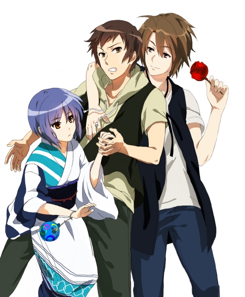 kny, kny (glauca), koizumi itsuki, kyon, nagato yuki, suzumiya haruhi no yuuutsu, bad id, bad pixiv id, 00s, 1girl, 2boys, blue hair, brown eyes, brown hair, casual, denim, flower, hood, hoodie, japanese clothes, jeans, kimono, multiple boys, pants, rose, short hair, yukata