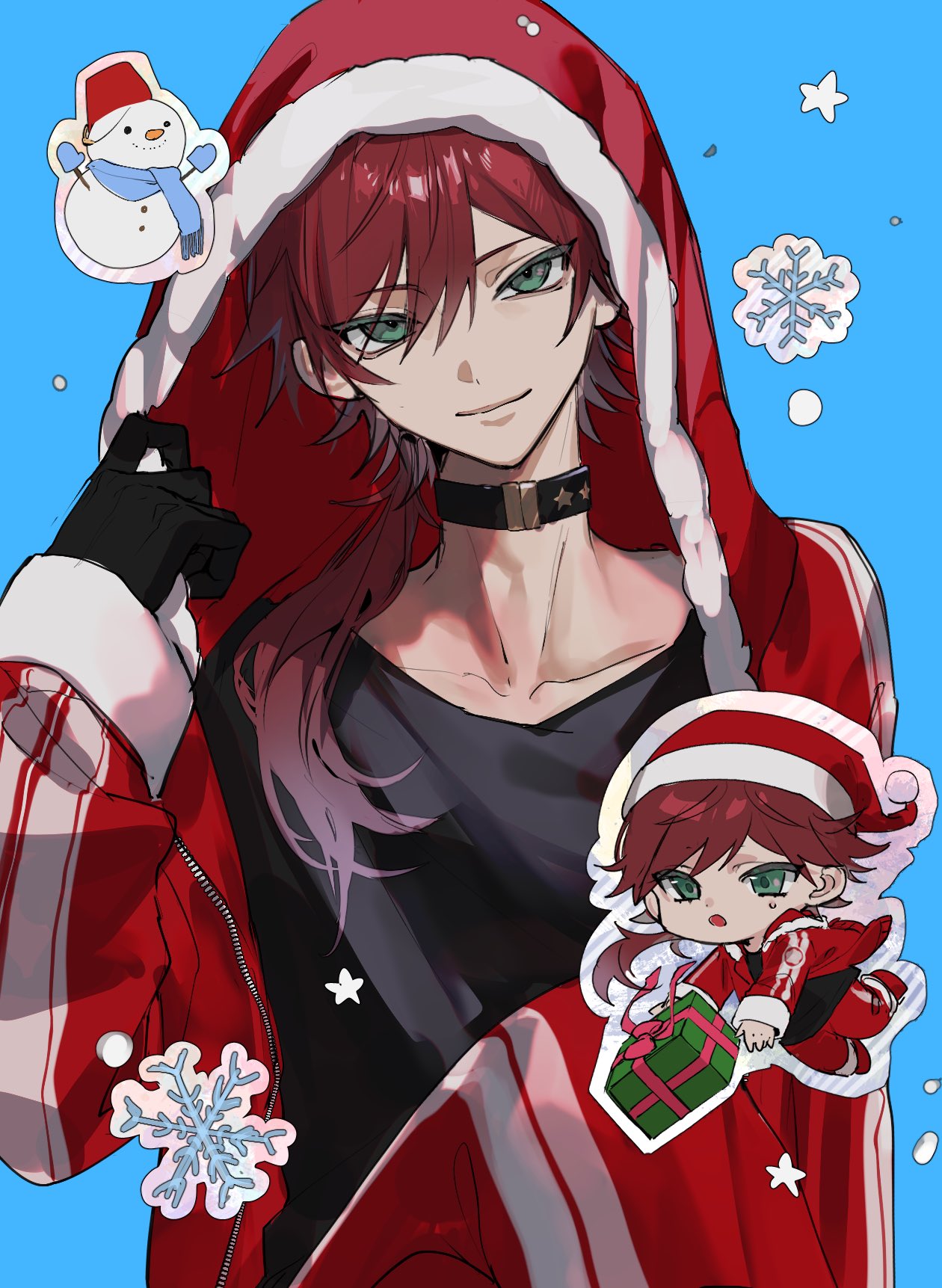 lauren iroas, nijisanji, commentary, highres, symbol-only commentary, 1boy, aa 832, adjusting clothes, alternate costume, black choker, black gloves, black shirt, blue background, box, chibi, chibi inset, choker, christmas, closed mouth, gift, gift box, gloves, gradient hair, green eyes, hair between eyes, hat, head tilt, hood, hooded jacket, jacket, long hair, long sleeves, looking at viewer, male focus, multicolored hair, multiple views, ponytail, red hair, santa hat, shirt, side ponytail, simple background, smile, snowflakes, snowman, star (symbol), upper body, virtual youtuber