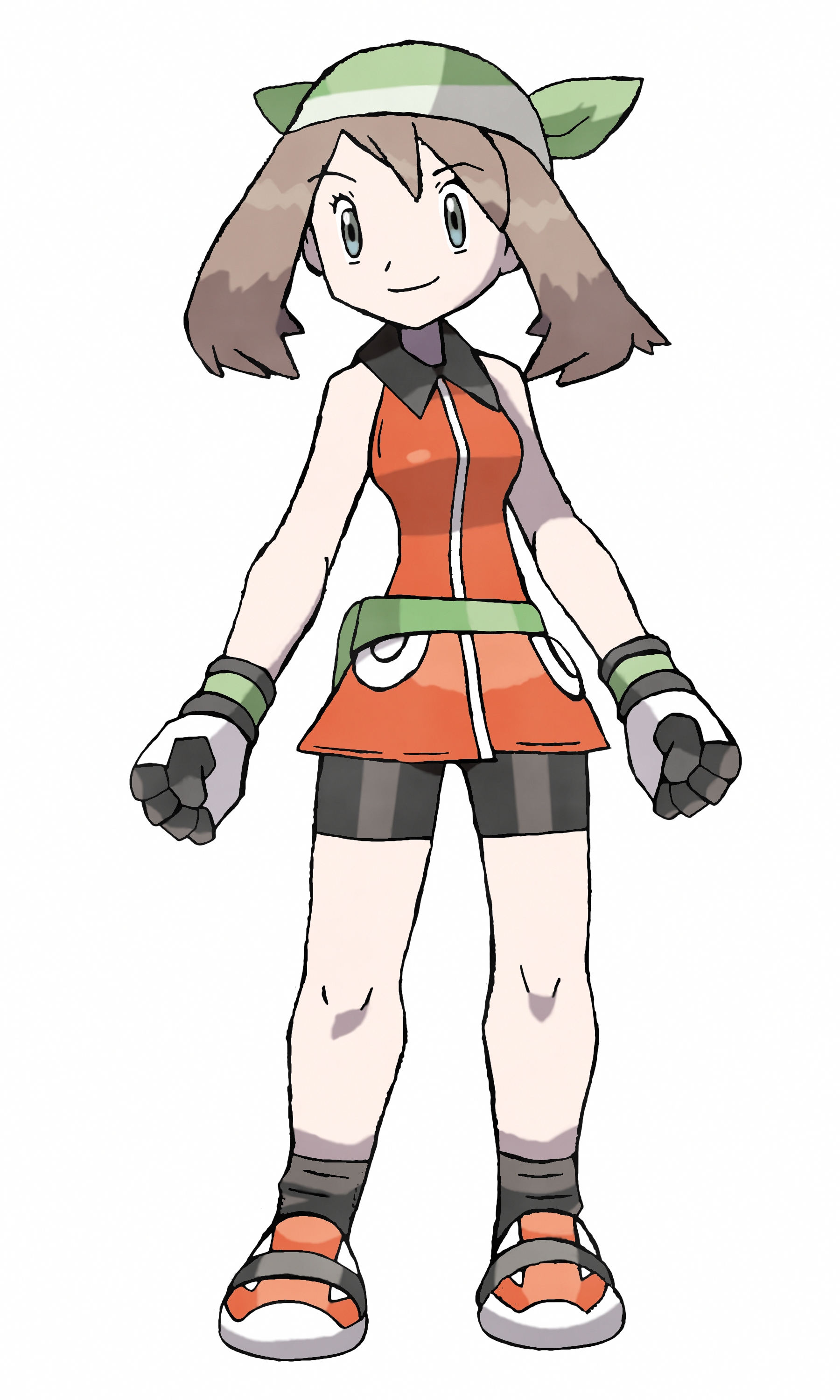 amayzing2002, may (pokemon), nintendo, pokemon, pokemon emerald, pokemon rse, absurdres, commentary, english commentary, highres, 1girl, arms at sides, bandana, black collar, black shorts, breasts, brown hair, clenched hands, collar, dress, expressionless, fanny pack, full body, green bandana, grey eyes, legs apart, medium hair, orange dress, shorts, sleeveless, smile, white background