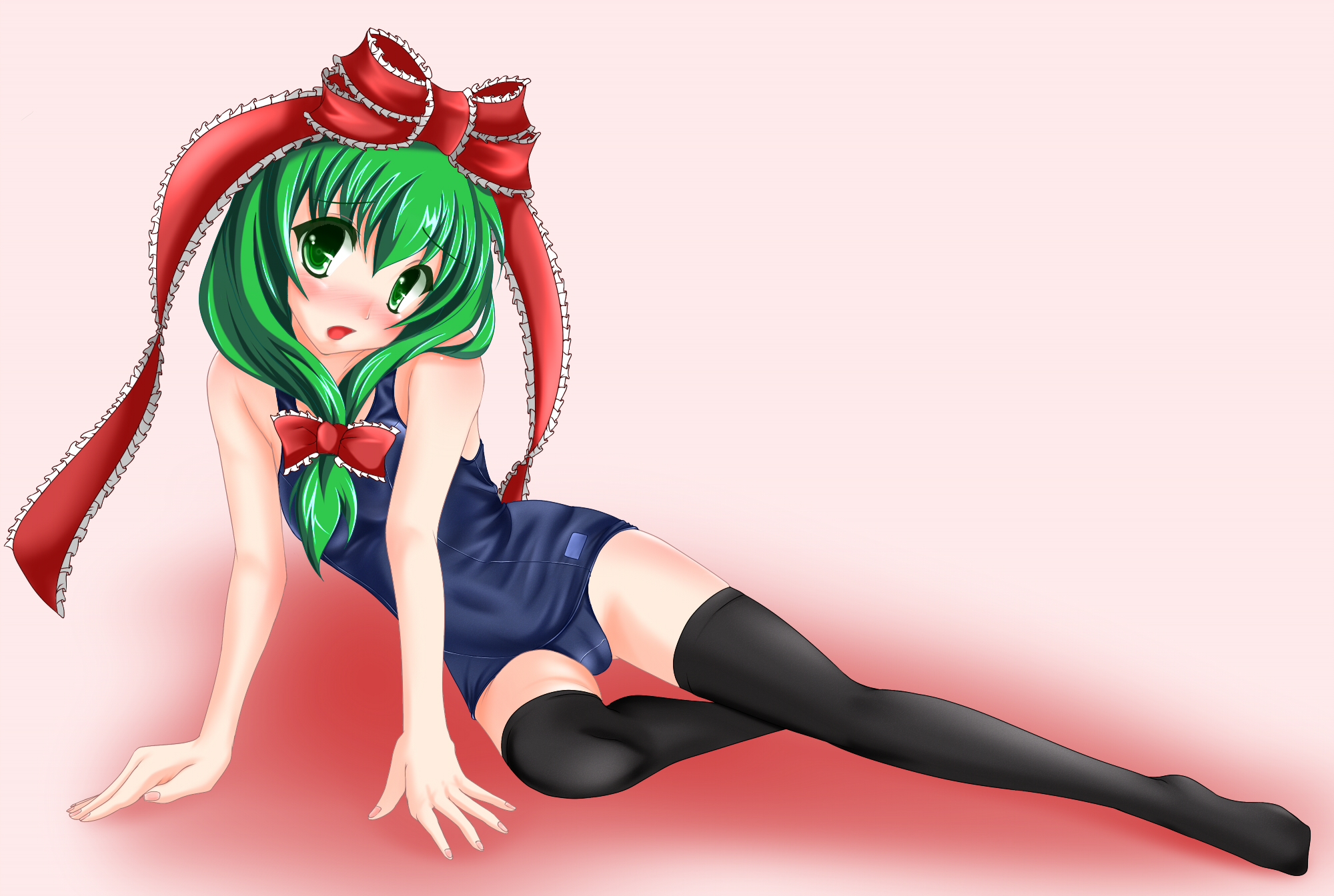 tera hiroshi, kagiyama hina, touhou, bad id, bad pixiv id, highres, 1girl, bare shoulders, black thighhighs, blush, female focus, full body, gradient background, green eyes, green hair, hair ribbon, long hair, matching hair/eyes, one-piece swimsuit, ribbon, school swimsuit, solo, swimsuit, thighhighs