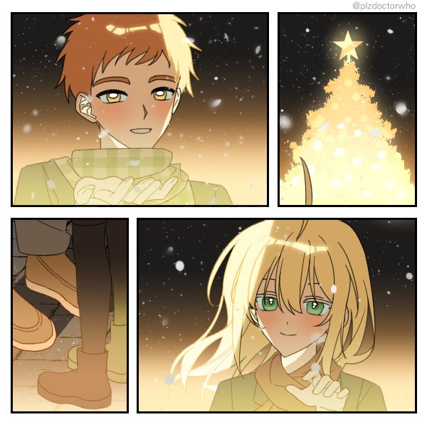 rugihodo, artoria pendragon (fate), emiya shirou, saber (fate), fate/stay night, fate (series), commentary request, korean commentary, 1boy, 1girl, blonde hair, blush, brown eyes, christmas, christmas tree, couple, green eyes, looking at another, red hair