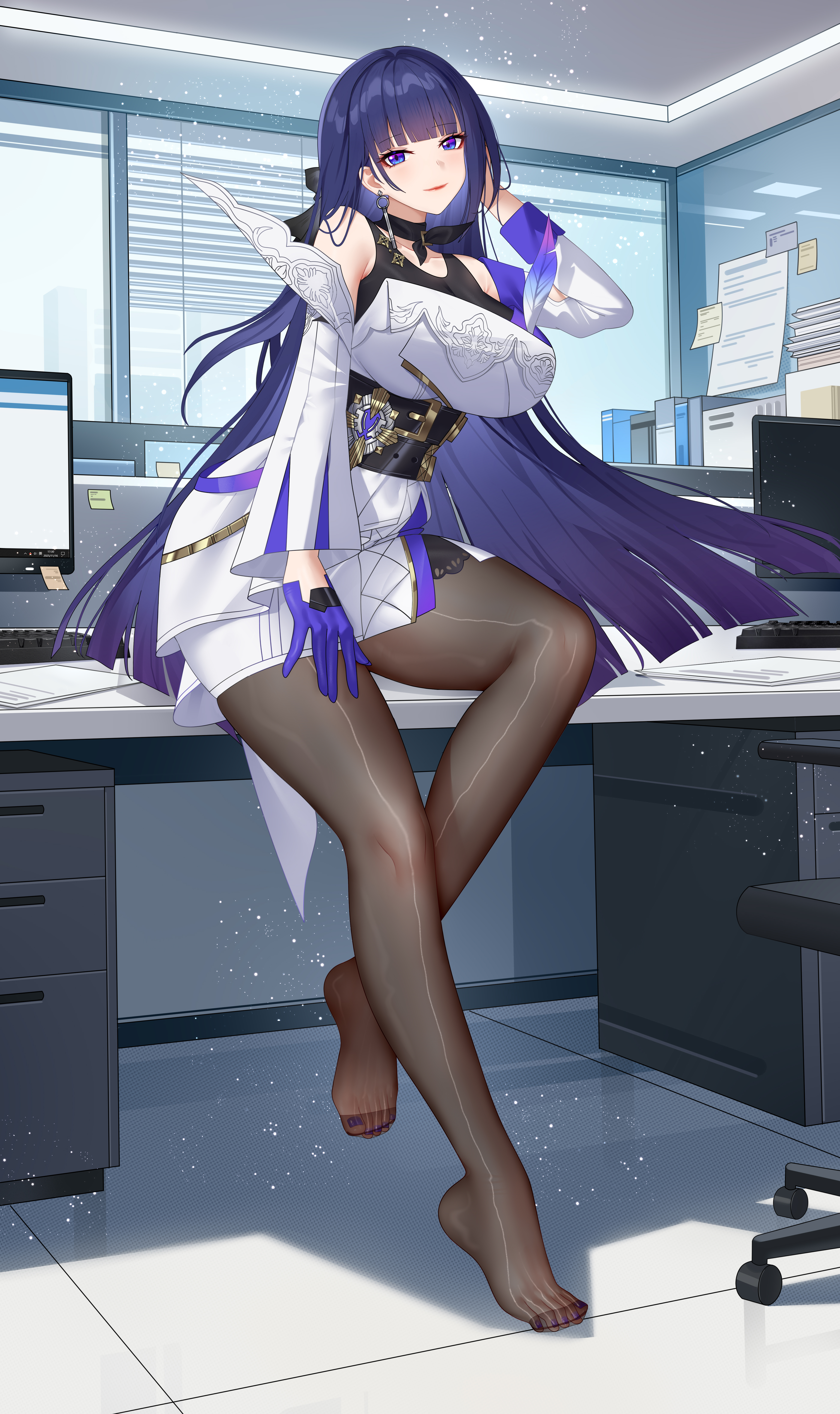 wu ganlan cai, raiden mei, honkai (series), honkai impact 3rd, absurdres, highres, 1girl, desk, feet, light smile, long hair, looking at viewer, office, pantyhose, purple eyes, toes
