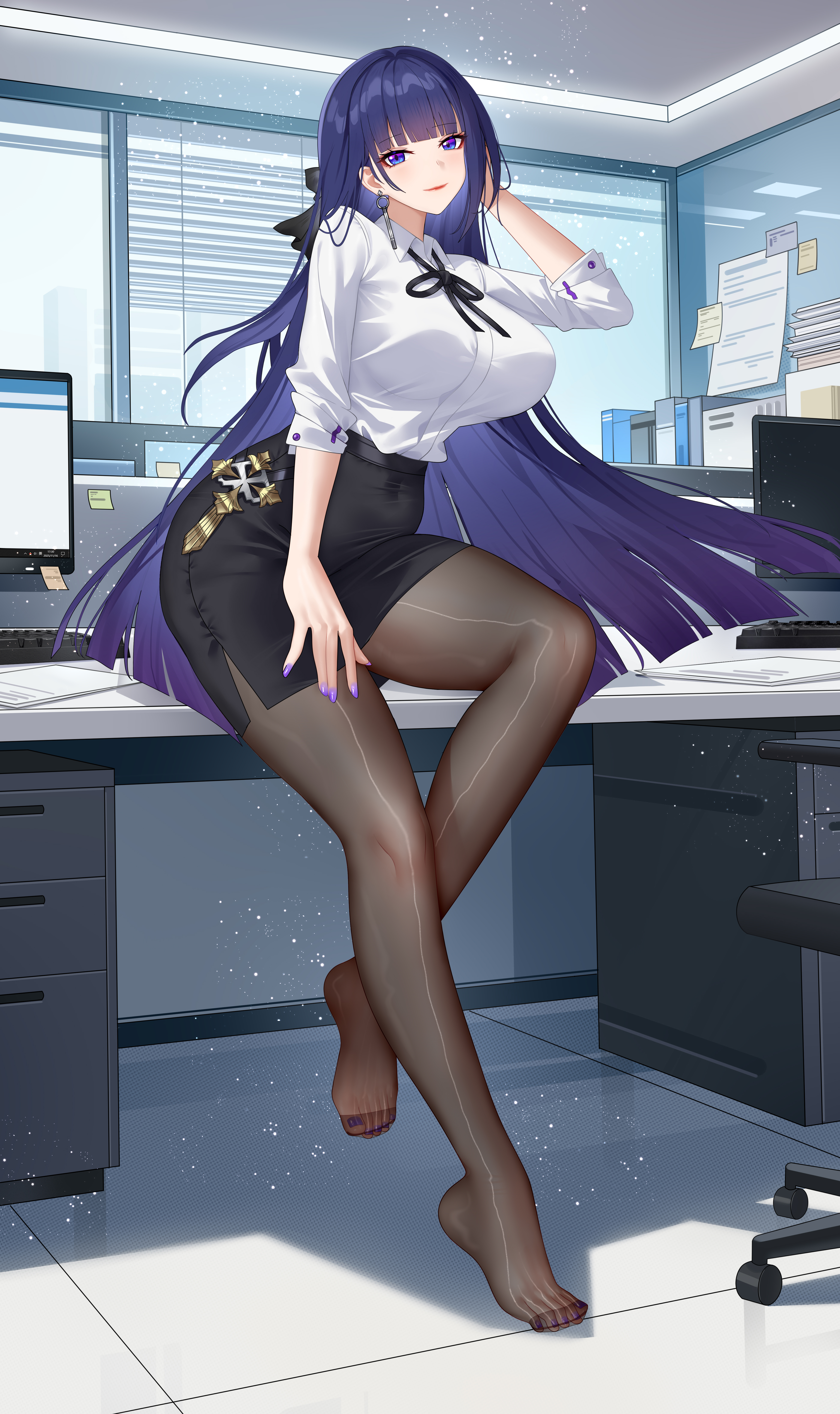 wu ganlan cai, raiden mei, honkai (series), honkai impact 3rd, absurdres, highres, 1girl, desk, feet, light smile, long hair, looking at viewer, miniskirt, office, pantyhose, purple eyes, skirt, toes