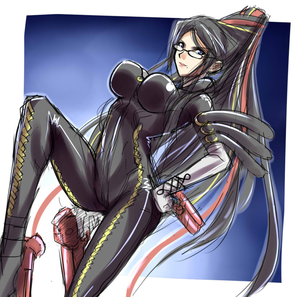 chicago-x, bayonetta, bayonetta (series), black hair, blue eyes, bodysuit, glasses, long hair, mole, red ribbon, ribbon, very long hair