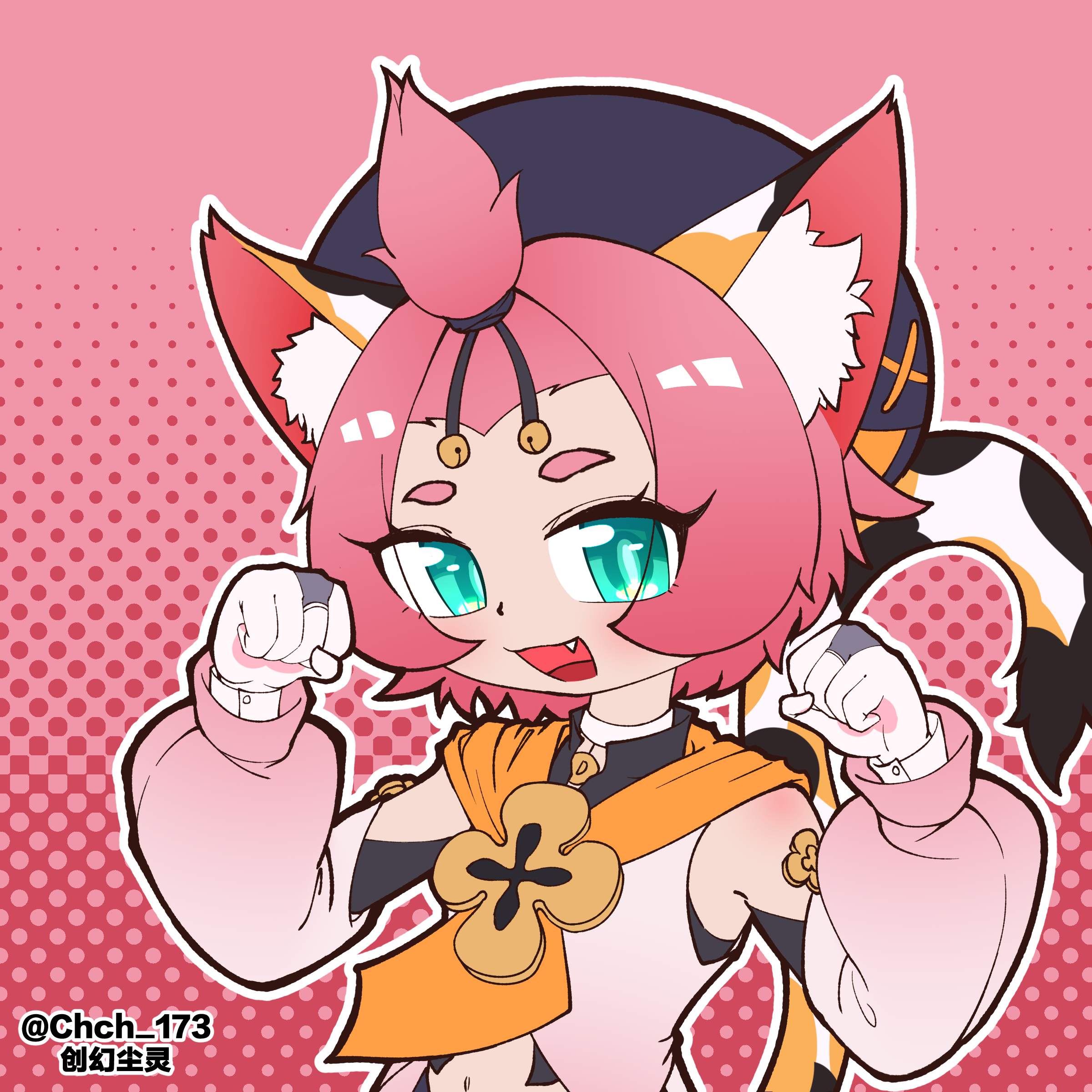 huanchuang10772, diona (genshin impact), genshin impact, absurdres, commentary request, highres, 1girl, animal ear fluff, animal ears, armpit crease, bangs pinned back, blush, cat day, cat ears, cat girl, cat tail, clothing cutout, detached sleeves, fang, forehead, gloves, gradient background, green eyes, hat, long sleeves, looking at another, looking at viewer, multicolored tail, navel, neckerchief, newsboy cap, open mouth, paw pose, paw print palms, pink background, pink hair, pink vest, puffy detached sleeves, puffy sleeves, short hair, smile, solo, stomach cutout, tail, thick eyebrows, twitter username, vest, yellow neckerchief