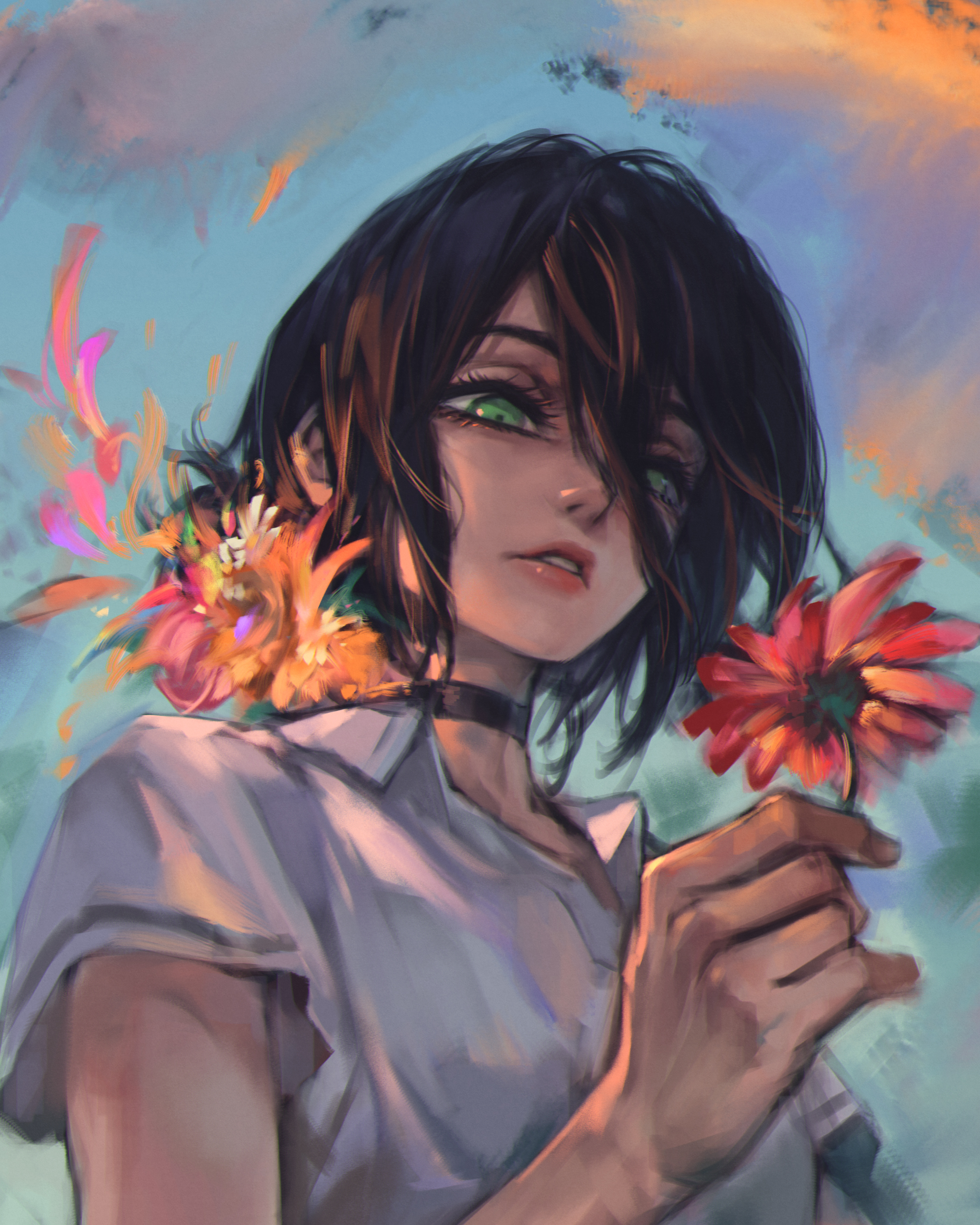 phantom ix row, reze (chainsaw man), chainsaw man, absurdres, commentary, english commentary, highres, 1girl, black choker, choker, collared shirt, flower, green eyes, hair between eyes, hair bun, holding, holding flower, long hair between eyes, looking at flowers, painterly, pareidolia, parted lips, petals, portrait, red flower, shirt, short sleeves, solo, white shirt