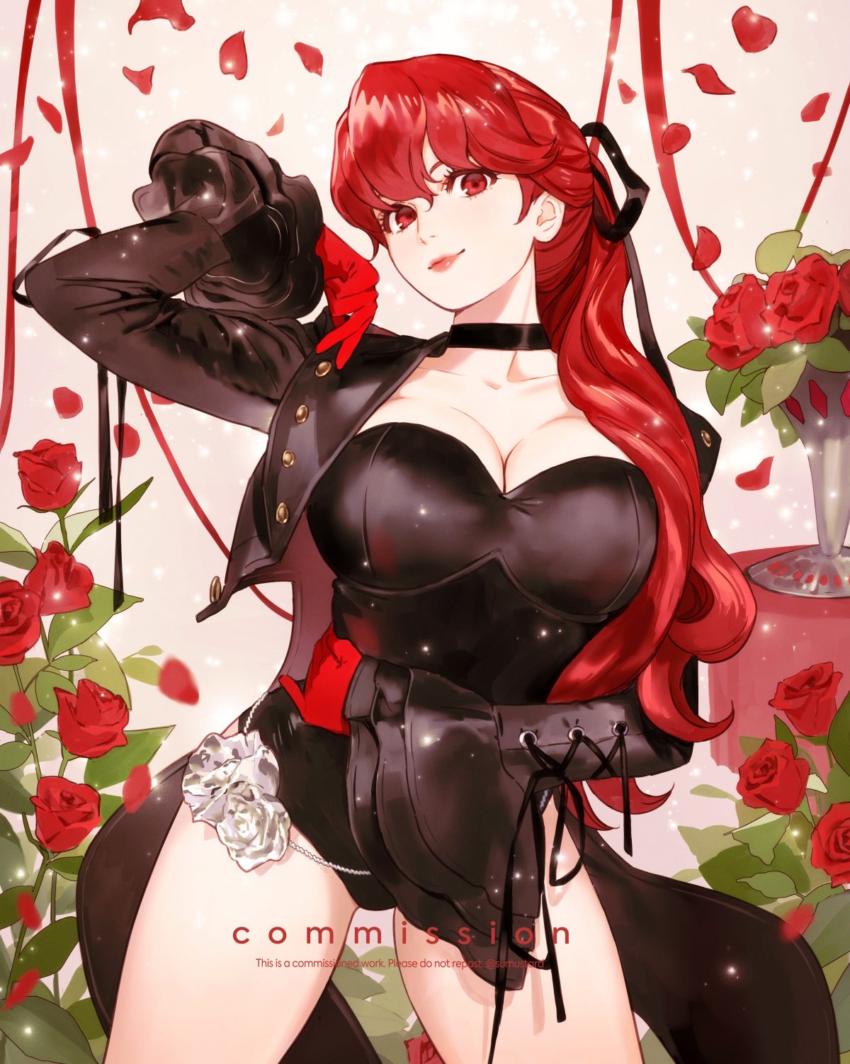 sumustard, violet (persona 5), yoshizawa kasumi, persona, persona 5, persona 5 the royal, commentary, commission, english commentary, highres, 1girl, black choker, black coat, black leotard, black ribbon, breasts, choker, cleavage, closed mouth, coat, coattails, collarbone, cowboy shot, falling petals, flower, gloves, hair between eyes, hair ribbon, highleg, highleg leotard, large breasts, leotard, long hair, long sleeves, looking at viewer, no mask, petals, pink lips, ponytail, red eyes, red flower, red gloves, red hair, red petals, red rose, ribbon, rose, smile, solo, tailcoat, white background